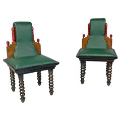 Sedie italiane in pelle verde in legno scuro Art Deco con decorazioni in legno, anni '30