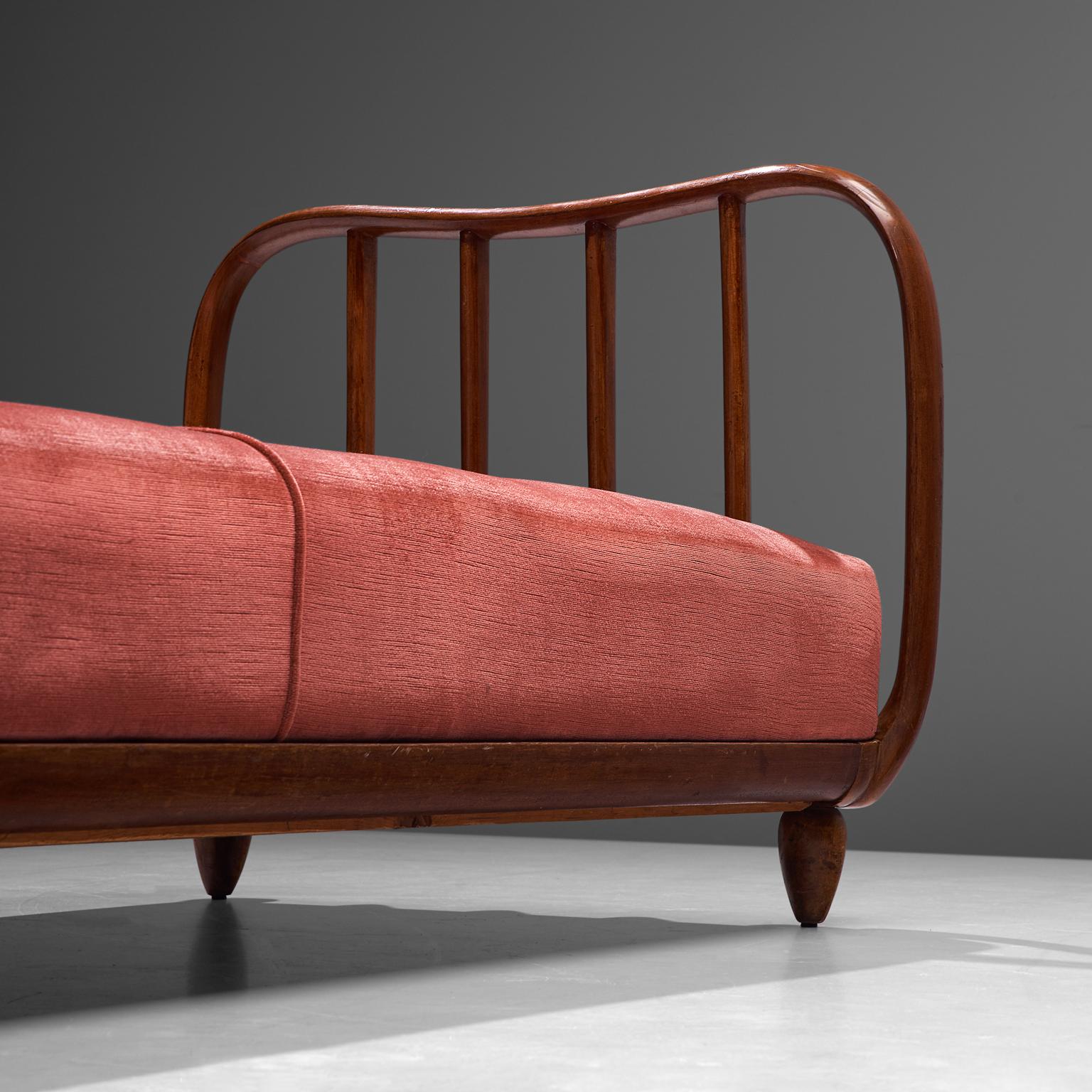 Italian Art Deco Daybed with Red Coral Velvet Upholstery  In Good Condition In Waalwijk, NL