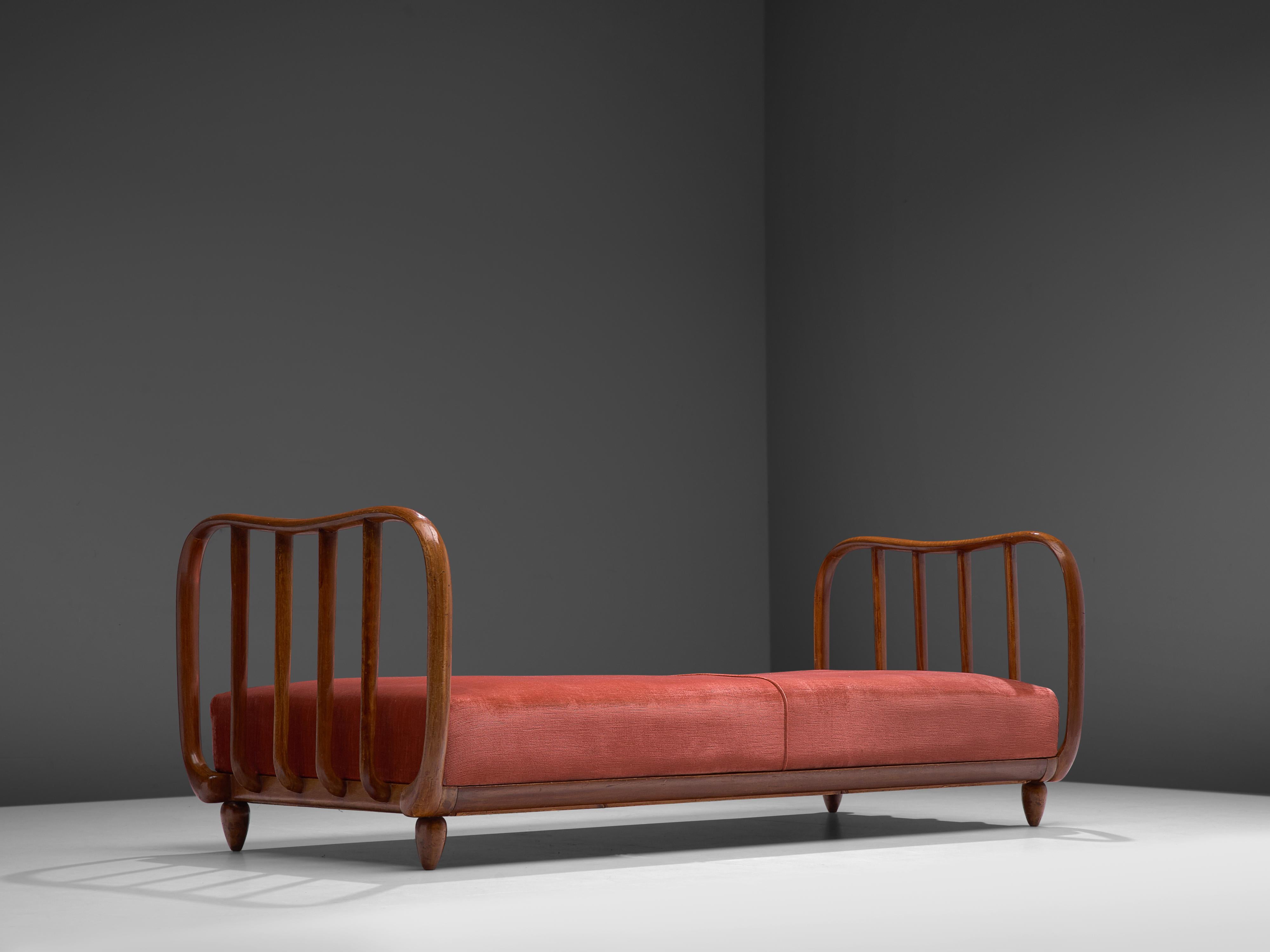 Mid-20th Century Italian Art Deco Daybed with Red Coral Velvet Upholstery 
