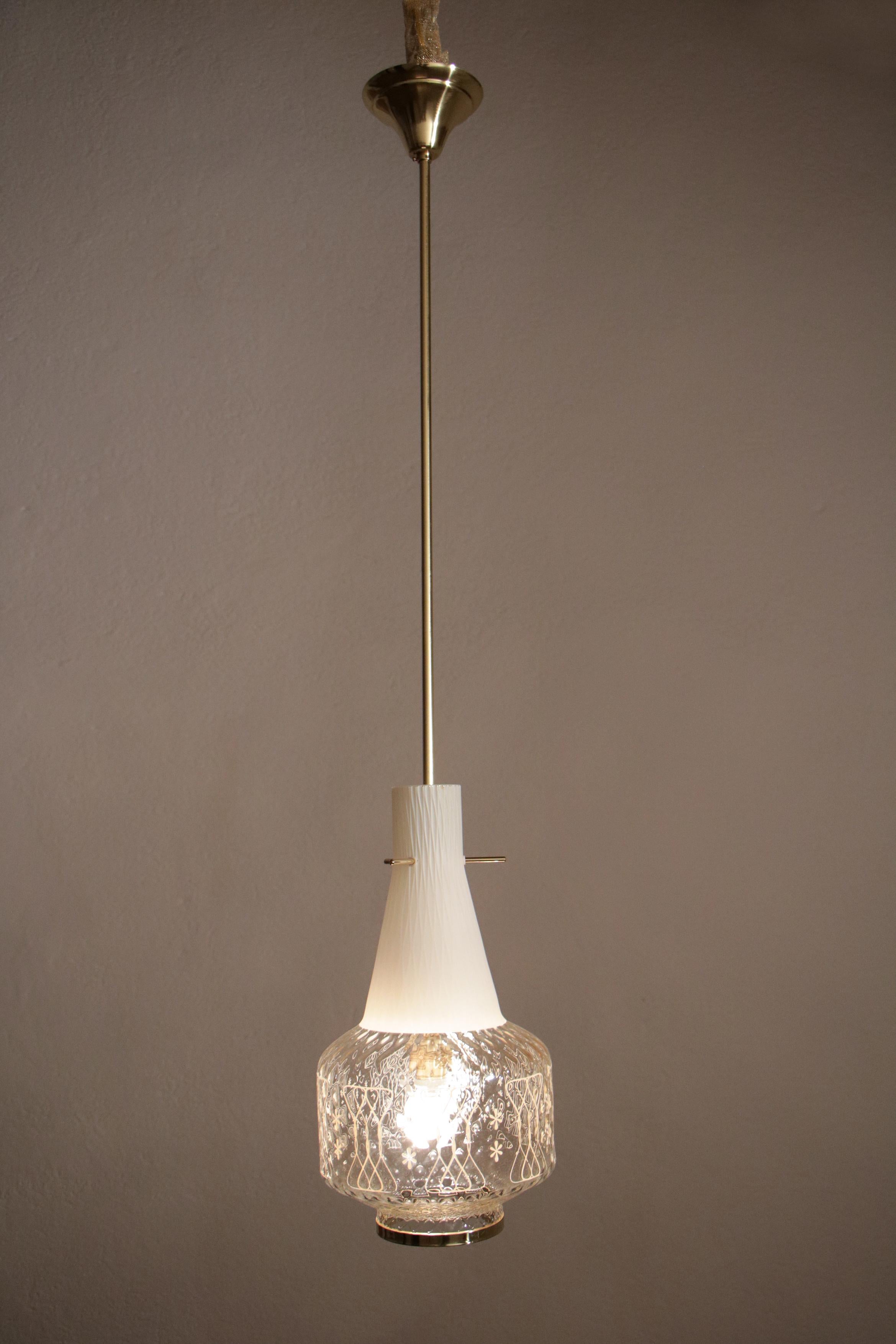Polished Italian Art Deco Decorative and Satin Glass Hanging Lamp, 1950s For Sale