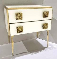 Italian Art Deco Design Modern Cream White Glass 2-Drawer Brass Nightstand/Chest