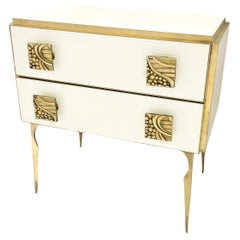 Italian Art Deco Design Modern Cream White Glass 2-Drawer Brass Nightstand/Chest