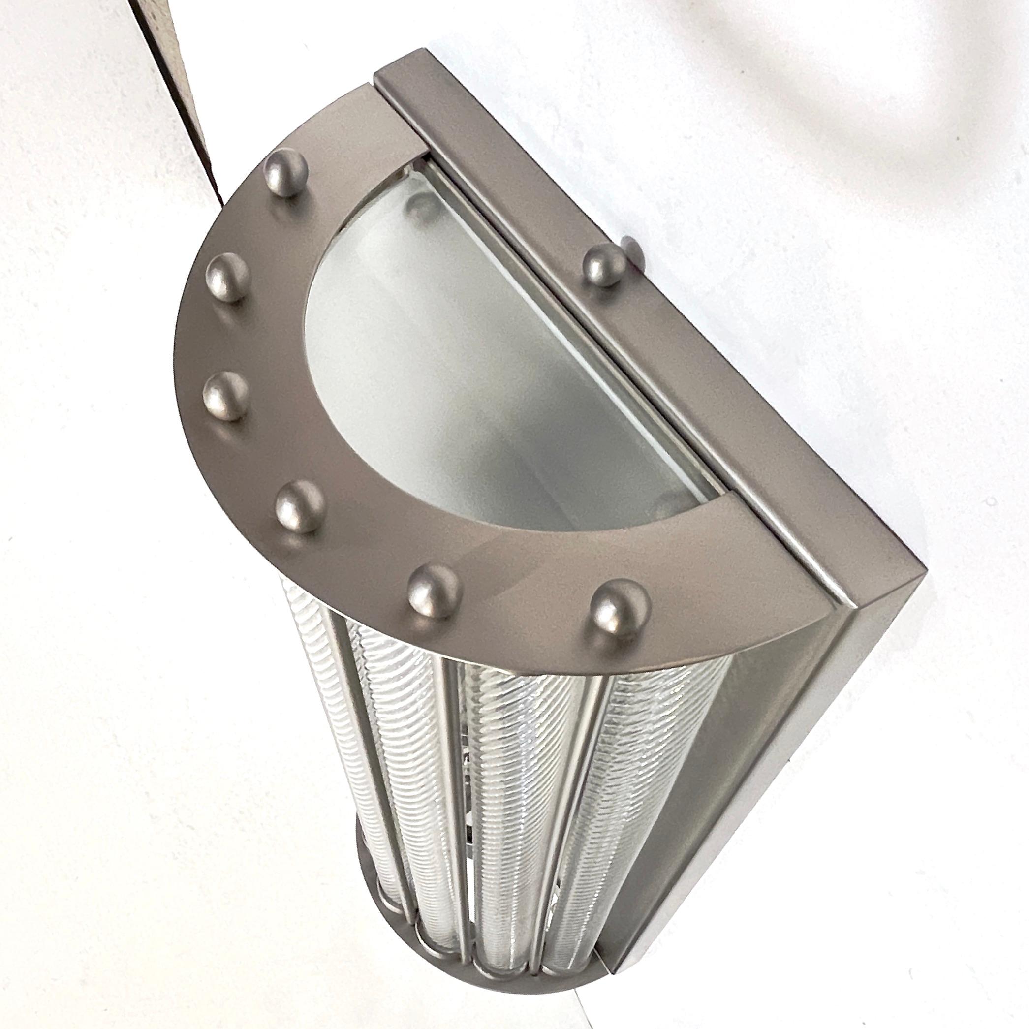 Italian Art Deco Design Pair Crystal Murano Glass Half Moon Satin Nickel Sconces For Sale 4