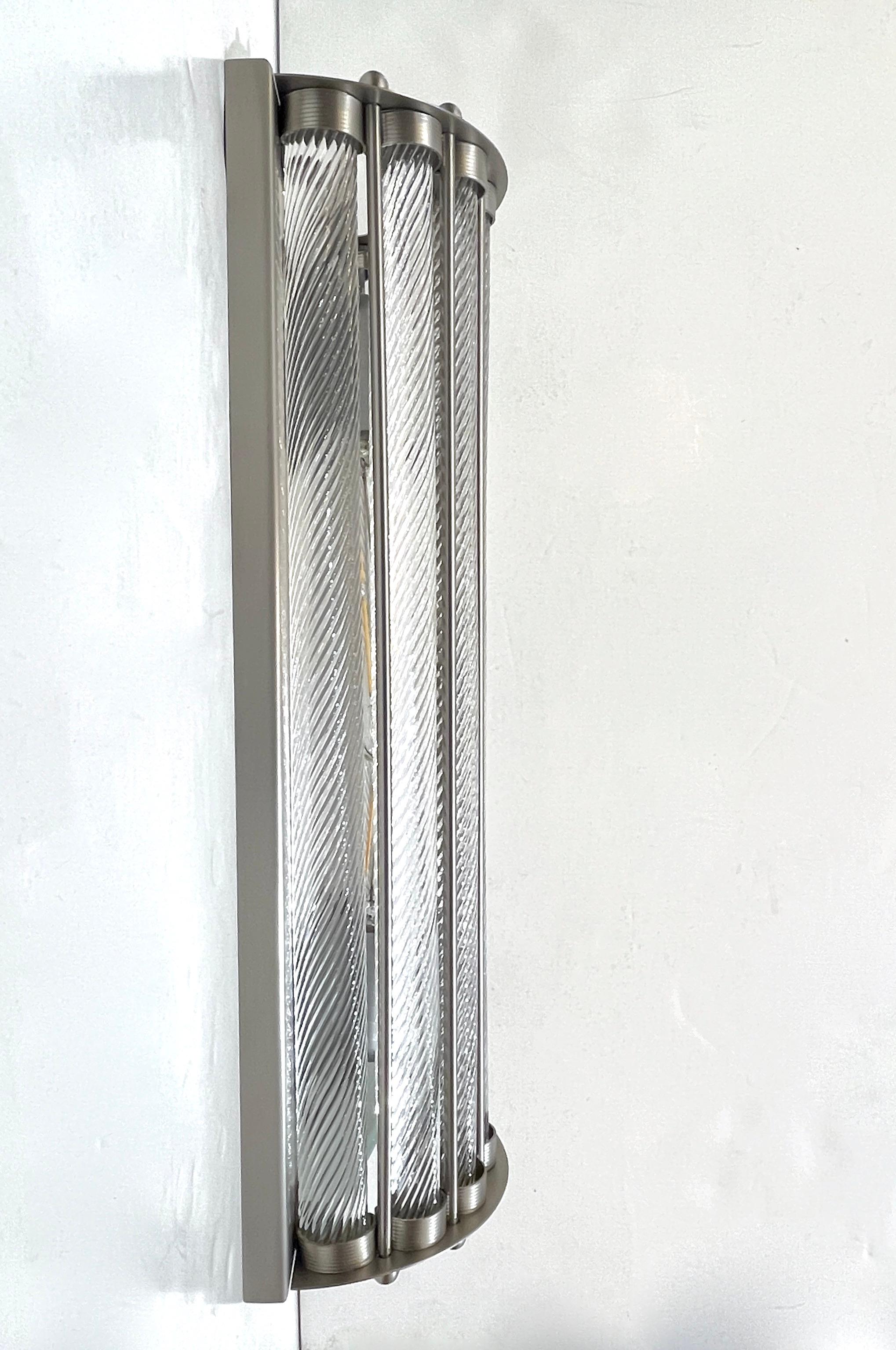 Italian Art Deco Design Pair Crystal Murano Glass Half Moon Satin Nickel Sconces For Sale 5