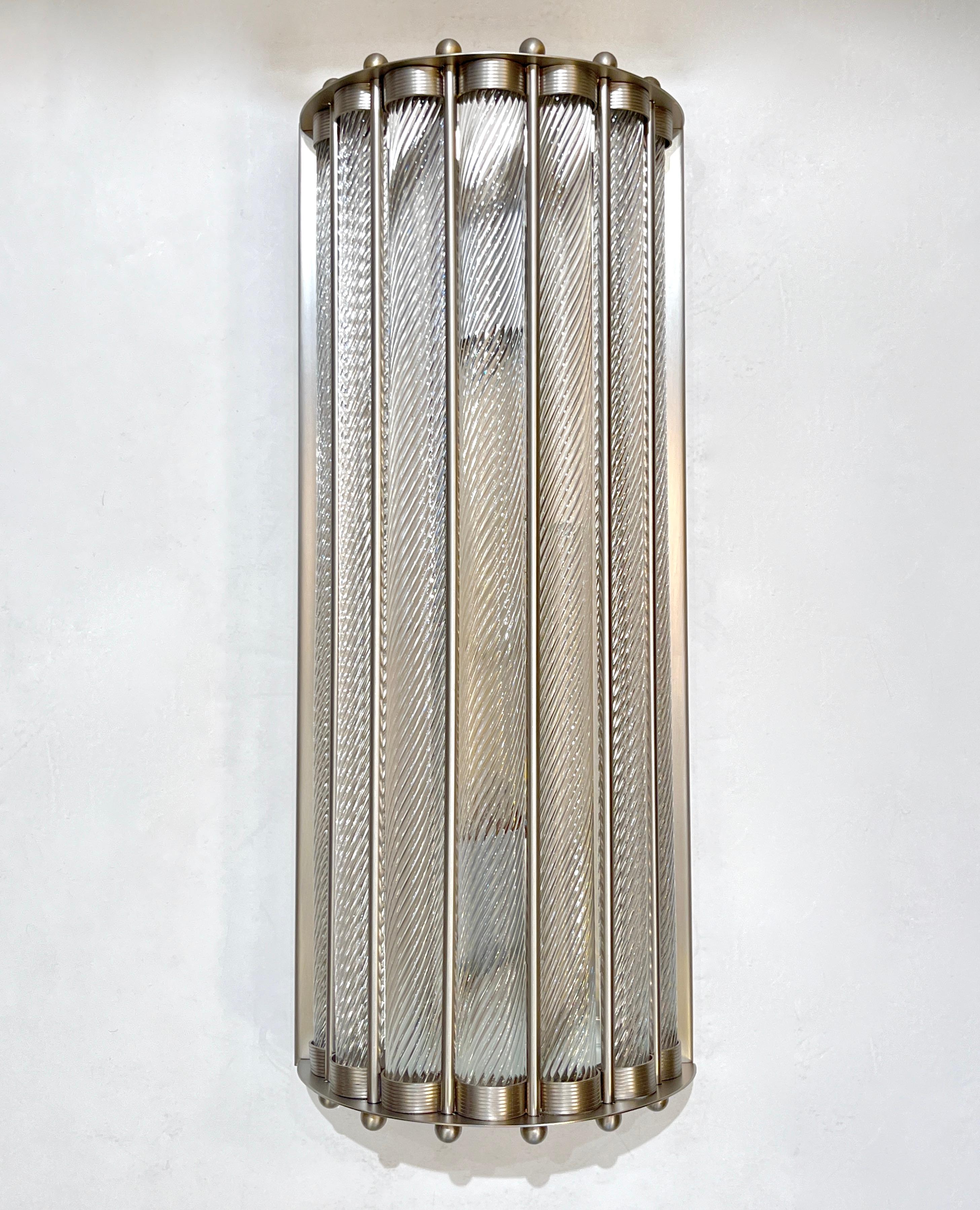 Italian Art Deco Design Pair Crystal Murano Glass Half Moon Satin Nickel Sconces For Sale 7