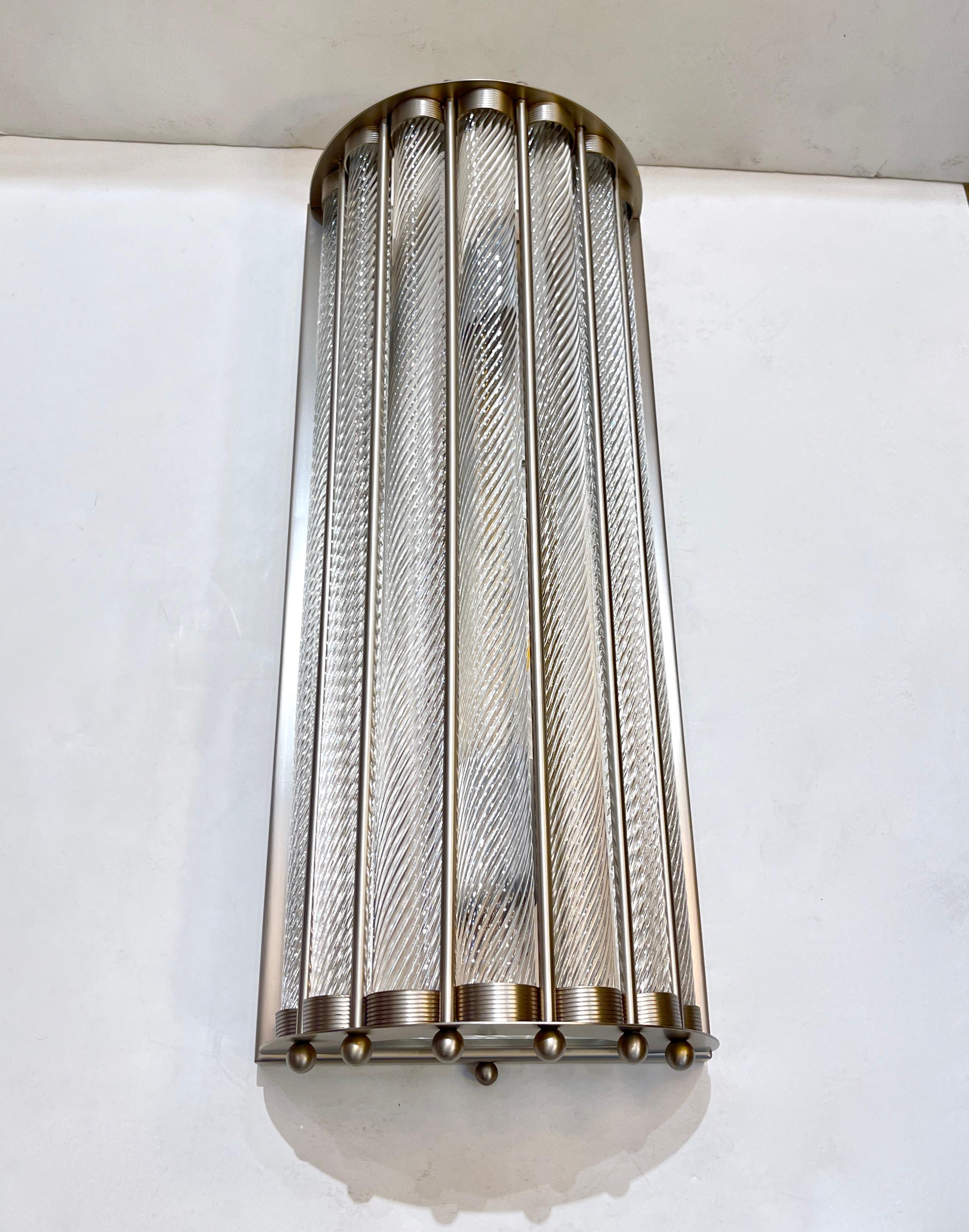 Italian Art Deco Design Pair Crystal Murano Glass Half Moon Satin Nickel Sconces For Sale 8