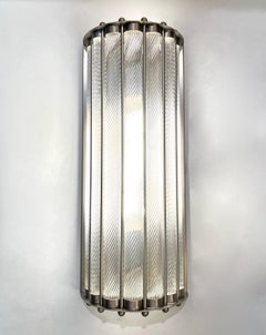 Italian Art Deco Design Pair Crystal Murano Glass Half Moon Satin Nickel Sconces