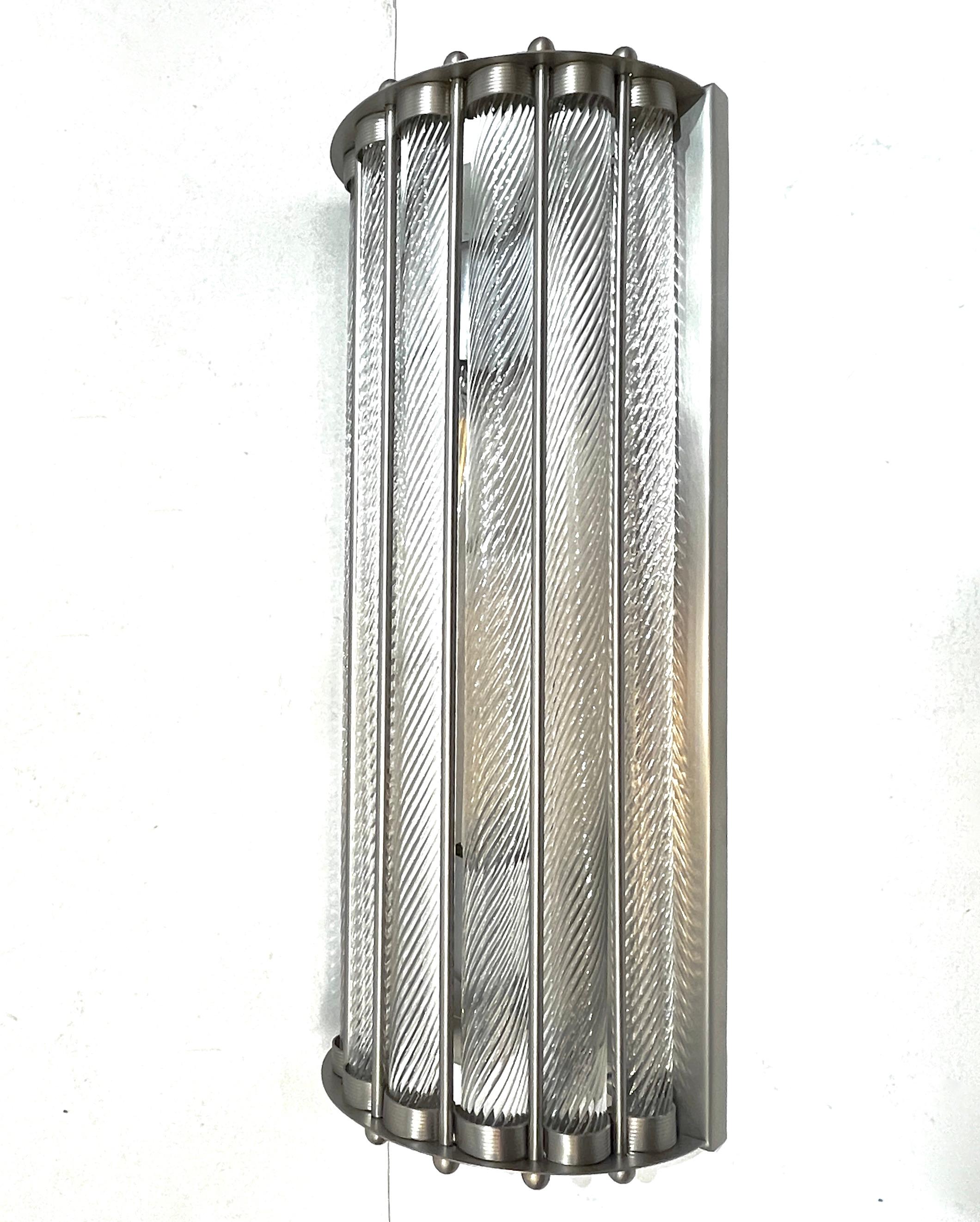Frosted Italian Art Deco Design Pair Crystal Murano Glass Half Moon Satin Nickel Sconces For Sale