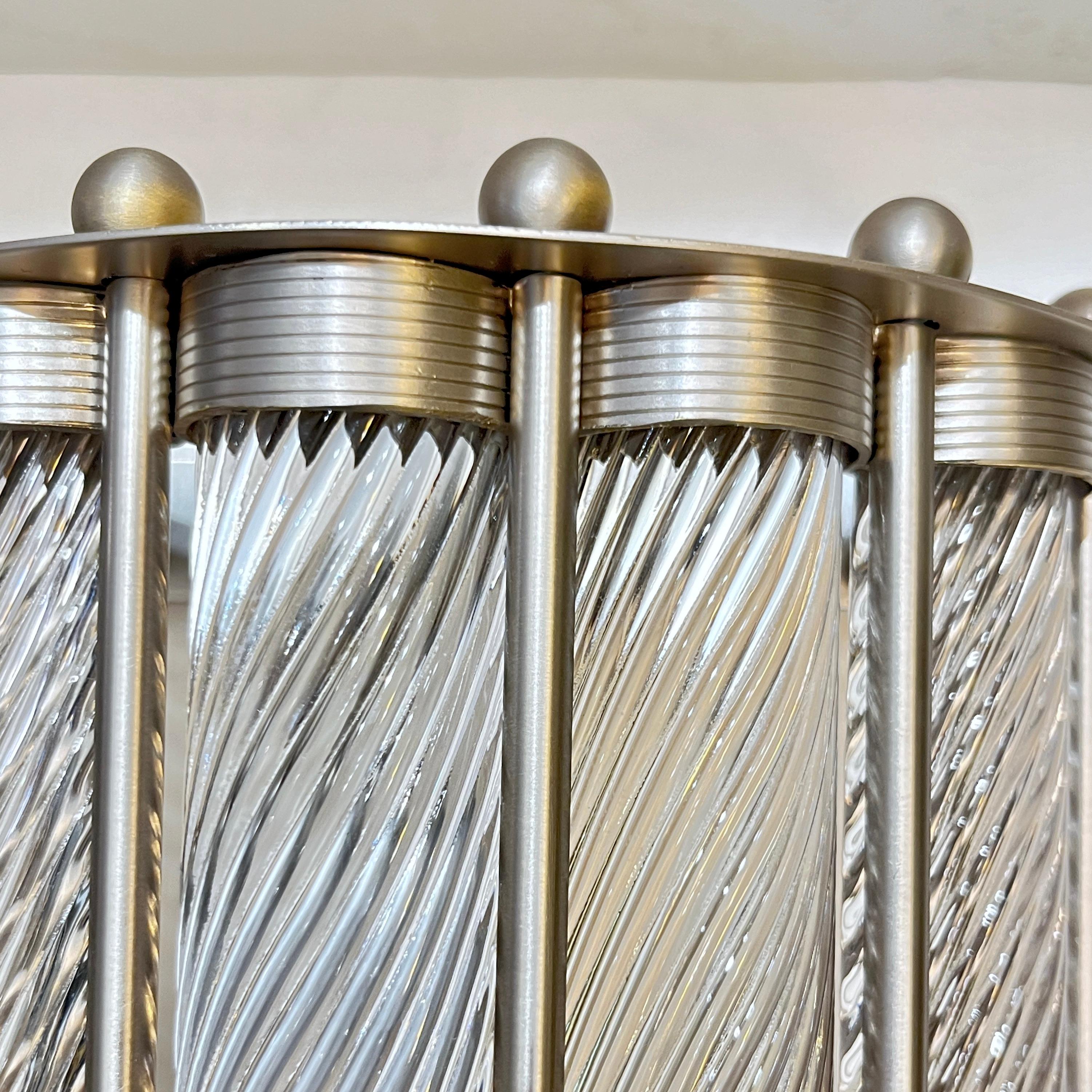 Italian Art Deco Design Pair Crystal Murano Glass Half Moon Satin Nickel Sconces For Sale 1