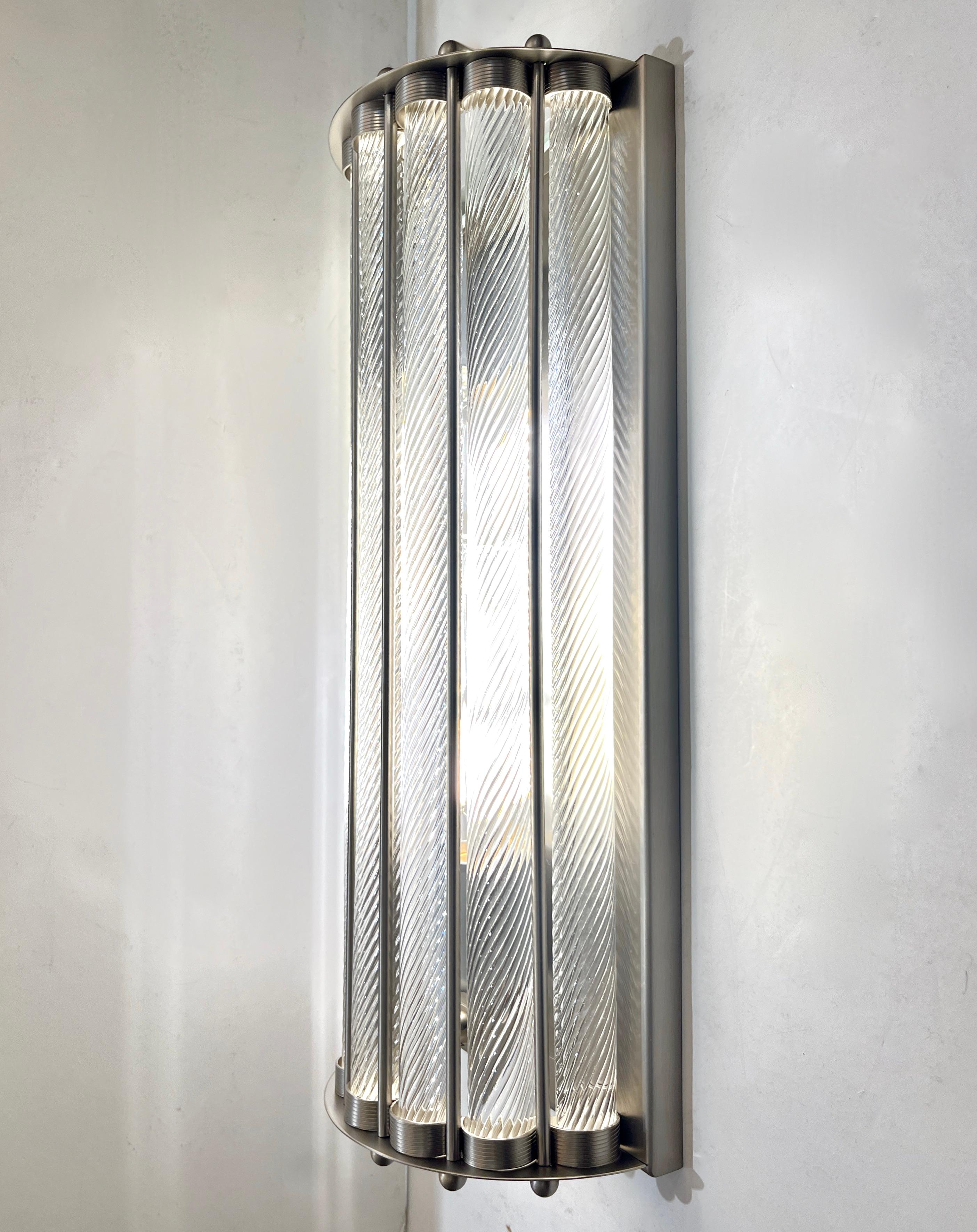 Italian Art Deco Design Pair Crystal Murano Glass Half Moon Satin Nickel Sconces For Sale 3