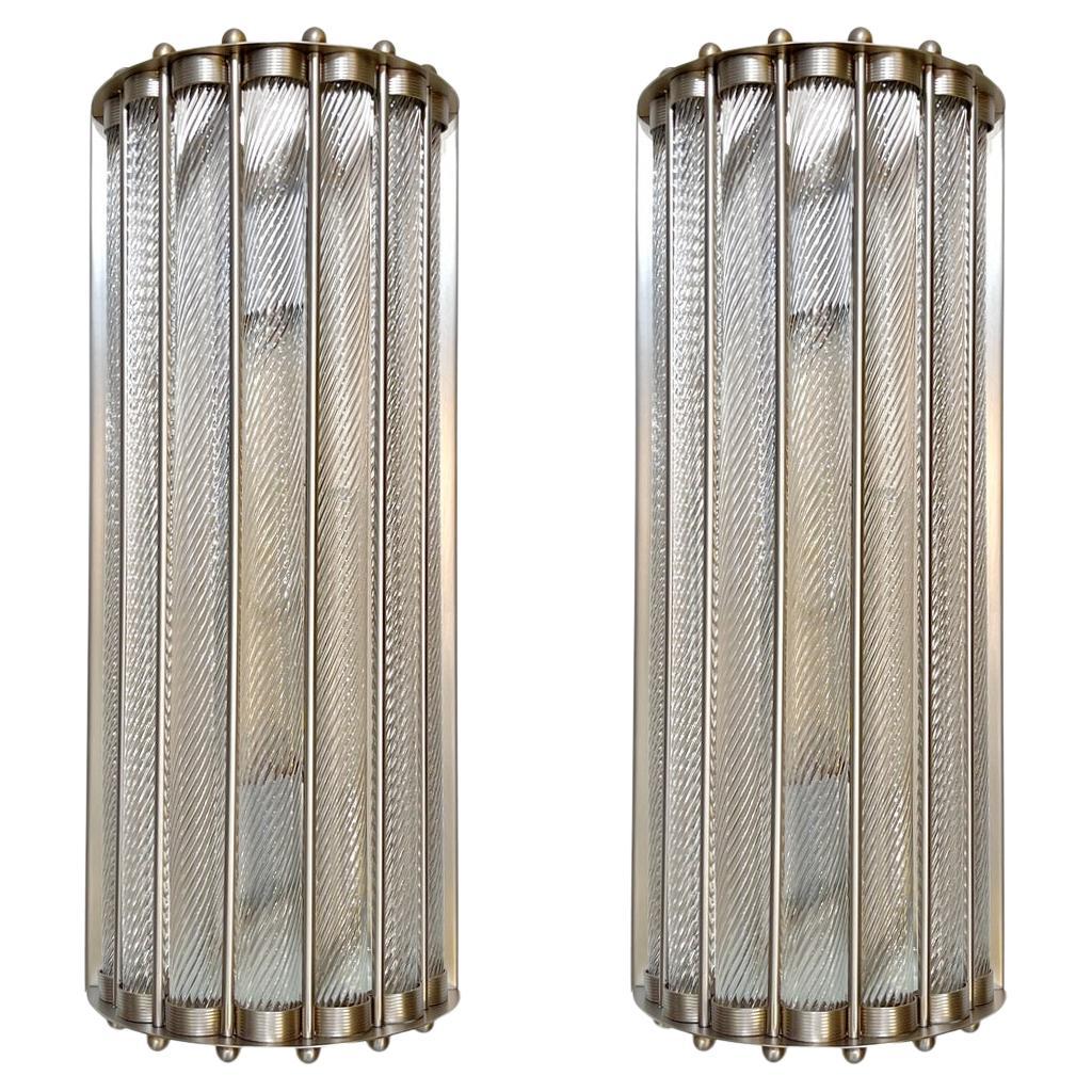 Italian Art Deco Design Pair Crystal Murano Glass Half Moon Satin Nickel Sconces For Sale