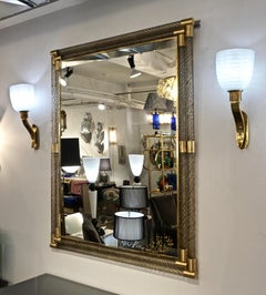 Italian Art Deco Design Twisted Gray Smoked Murano Glass & Gold Brass Mirror