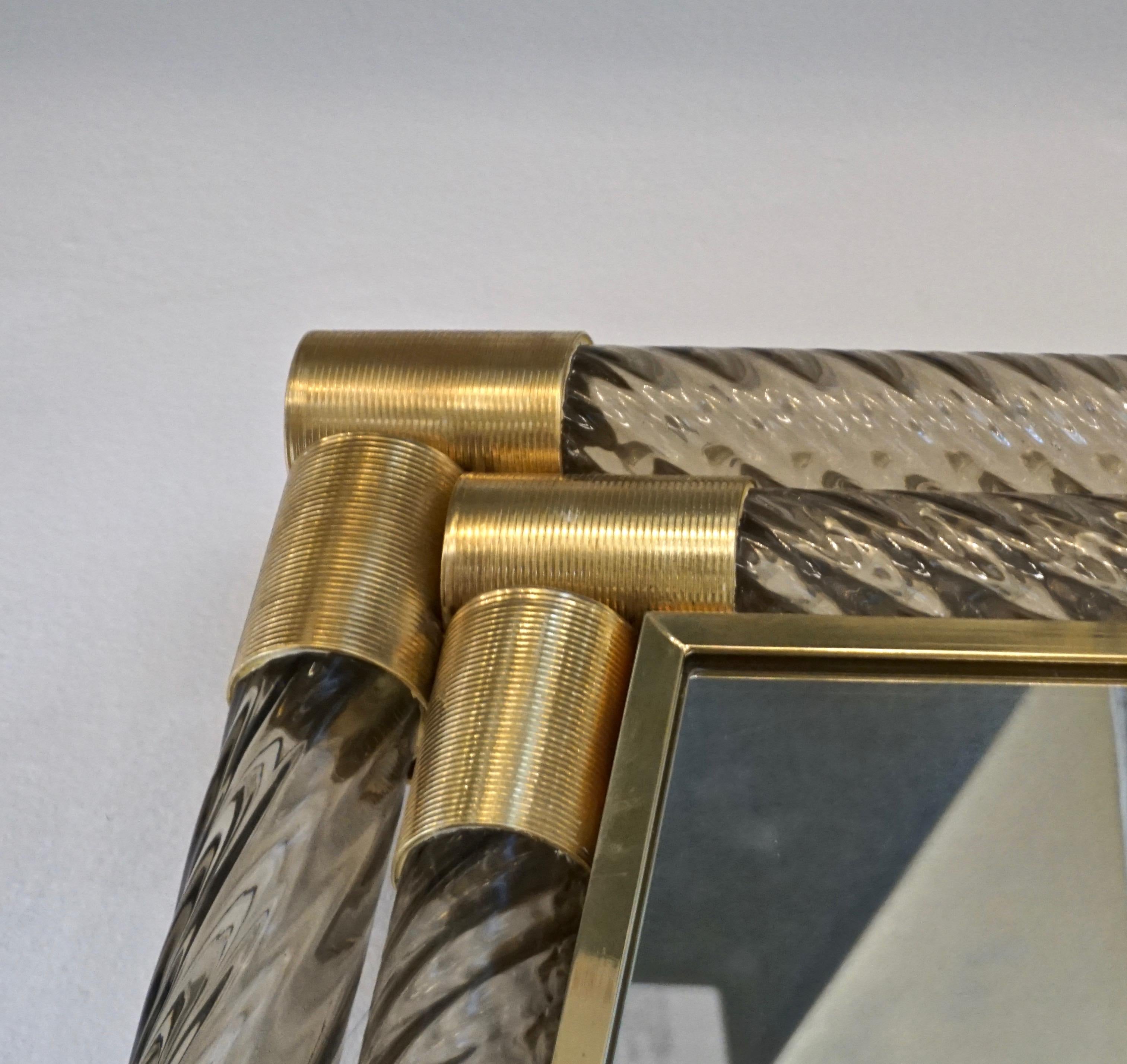 Italian Art Deco Design Twisted Gray Smoked Murano Glass & Gold Brass Mirror For Sale 2