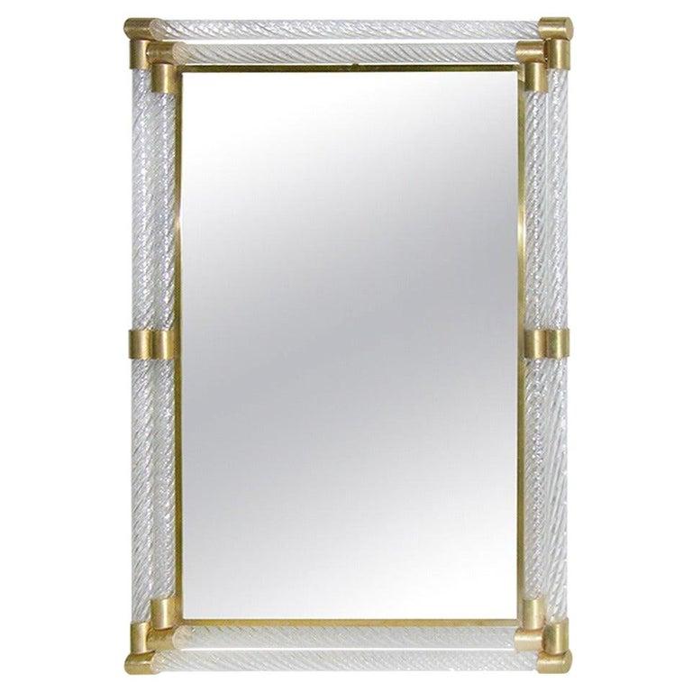 Italian Art Deco Design Twisted Gray Smoked Murano Glass & Gold Brass Mirror For Sale 2