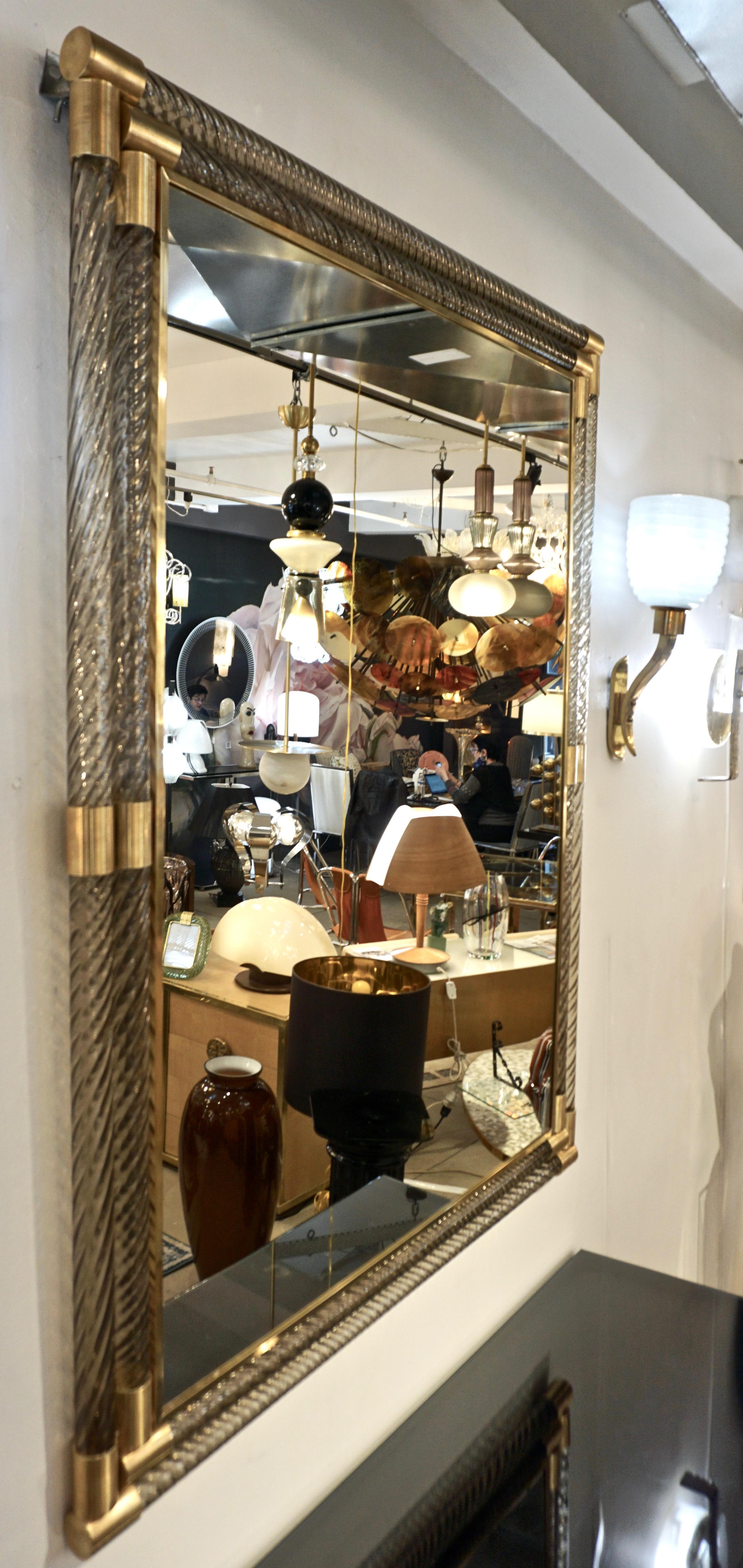 Contemporary Italian Art Deco Design Twisted Gray Smoked Murano Glass & Gold Brass Mirror For Sale