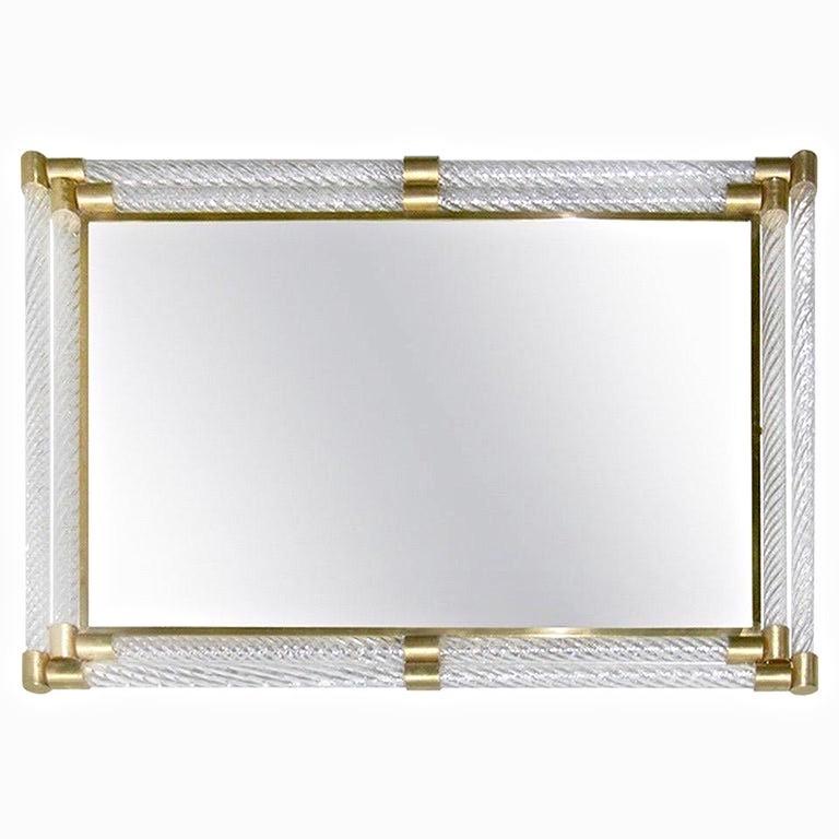 Italian Art Deco Design Twisted Gray Smoked Murano Glass & Gold Brass Mirror For Sale 4