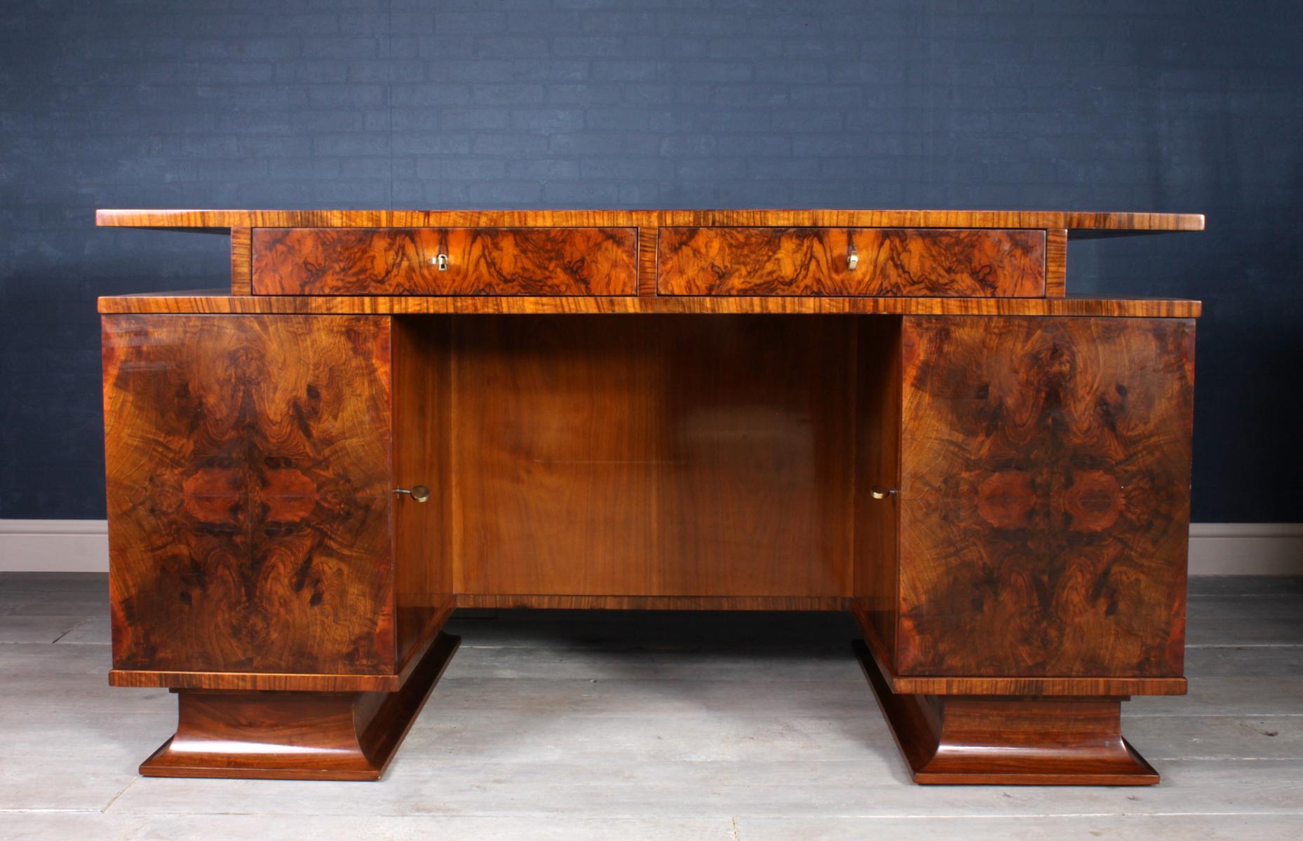 Oak Italian Art Deco Desk in Walnut For Sale