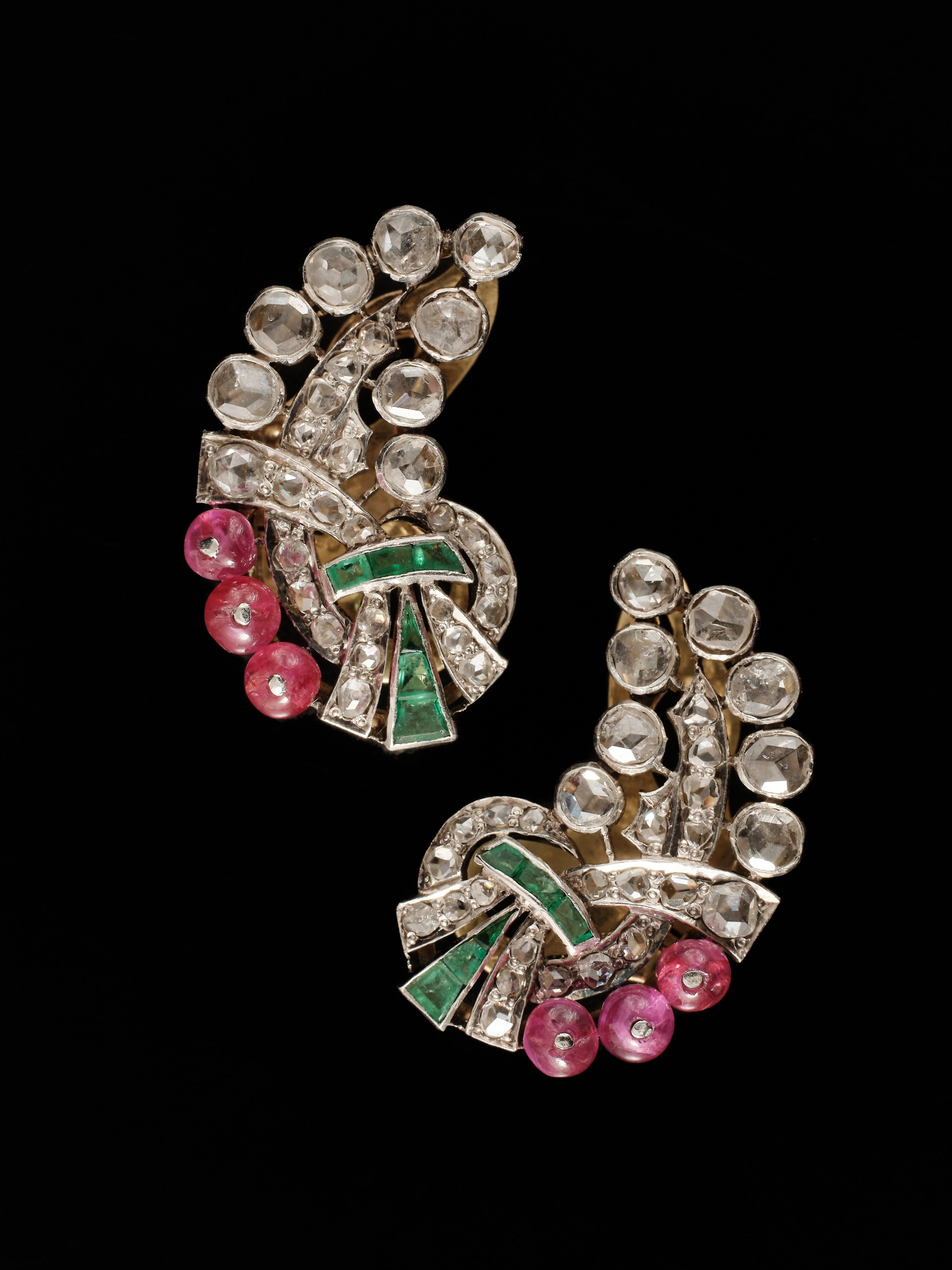 Rose Cut Italian Art Deco diamond, emerald and ruby earrings  For Sale