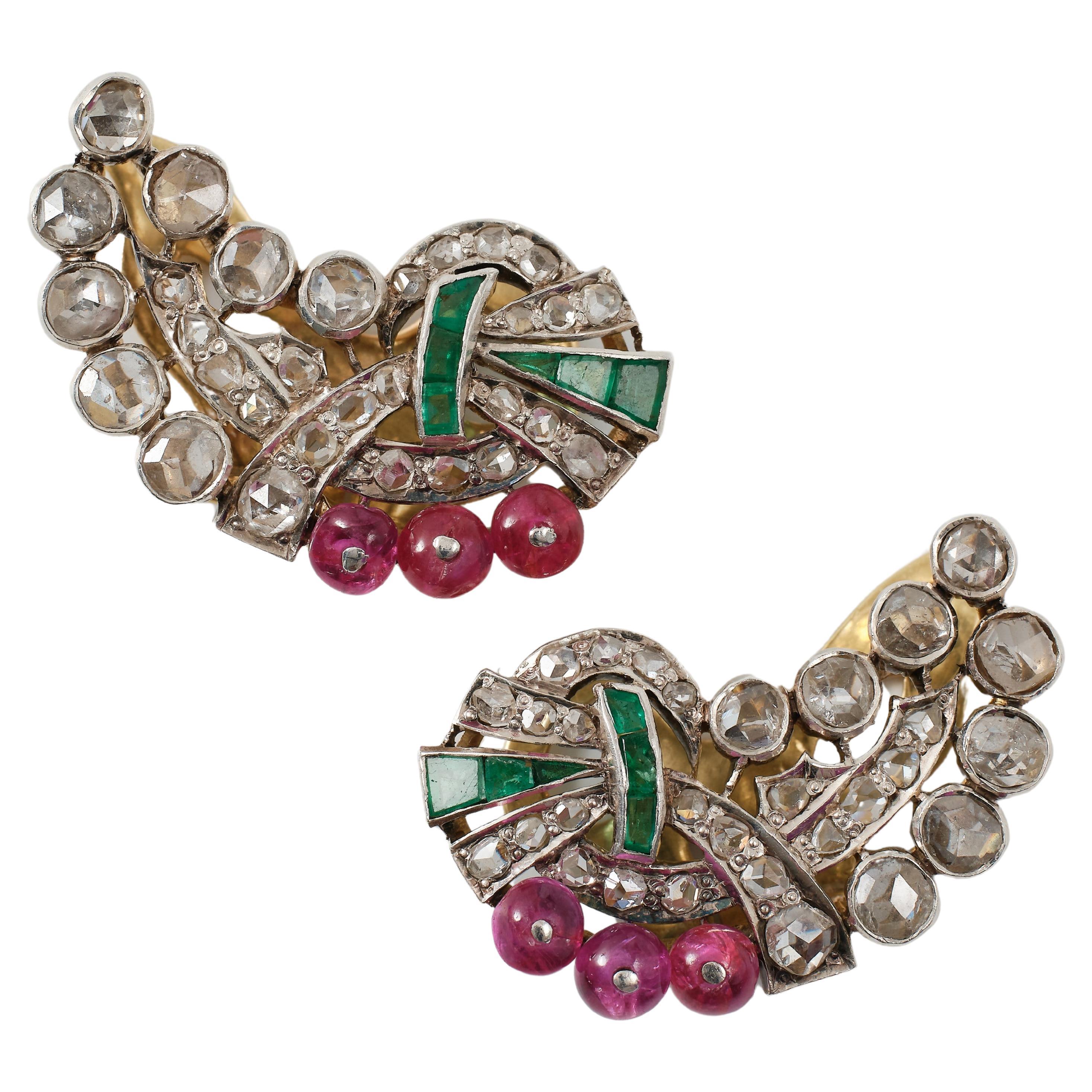 Italian Art Deco diamond, emerald and ruby earrings  For Sale