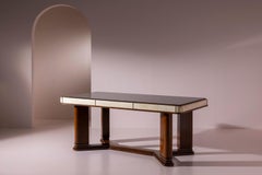 Mesa de Comedor Art Déco Italiana en Pergamino, Nogal y Cristal Negro