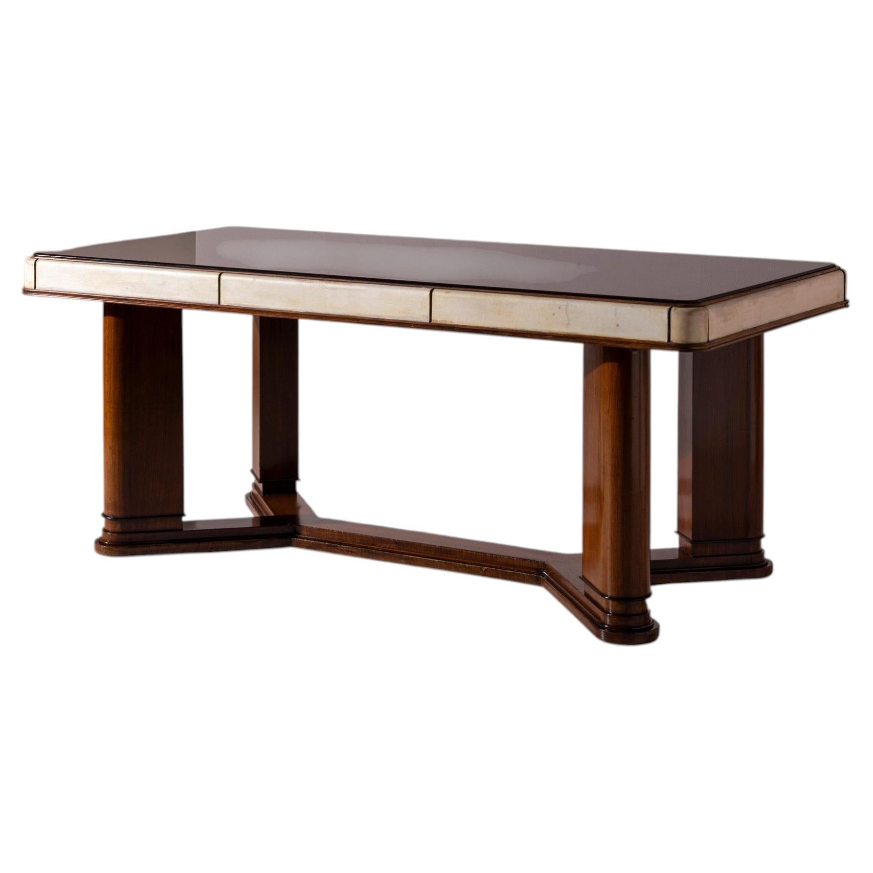 Italian Art Déco Dining Table in Parchment, Walnut and Black Glass