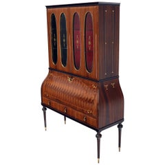 Italian Art Deco Drop Front Liquor Rosewood Cabinet Marquetry Inlay Oval Glass