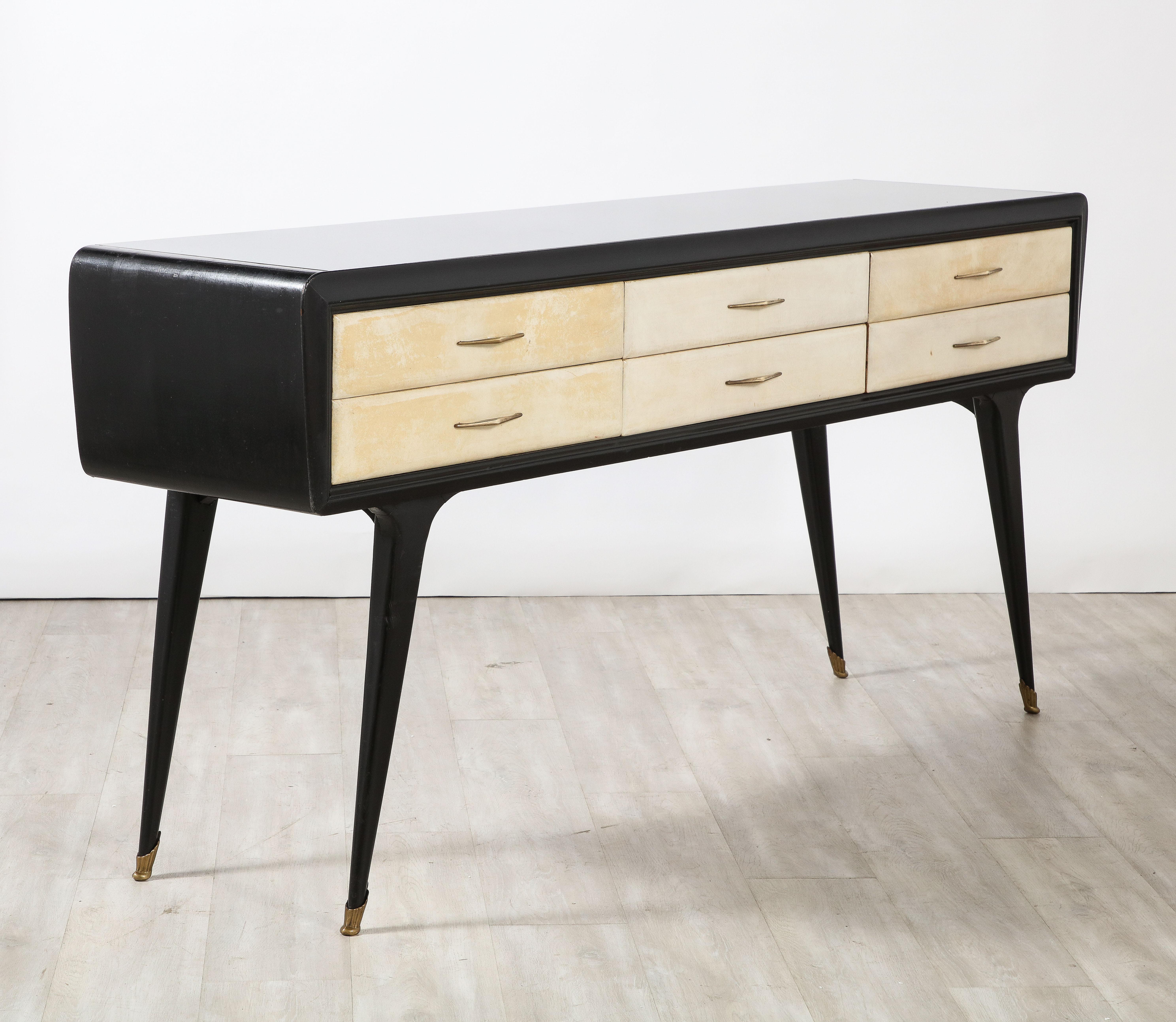 Italian Art Deco Ebonized and Vellum Sideboard with Inset Glass Top, circa 1940 For Sale 12