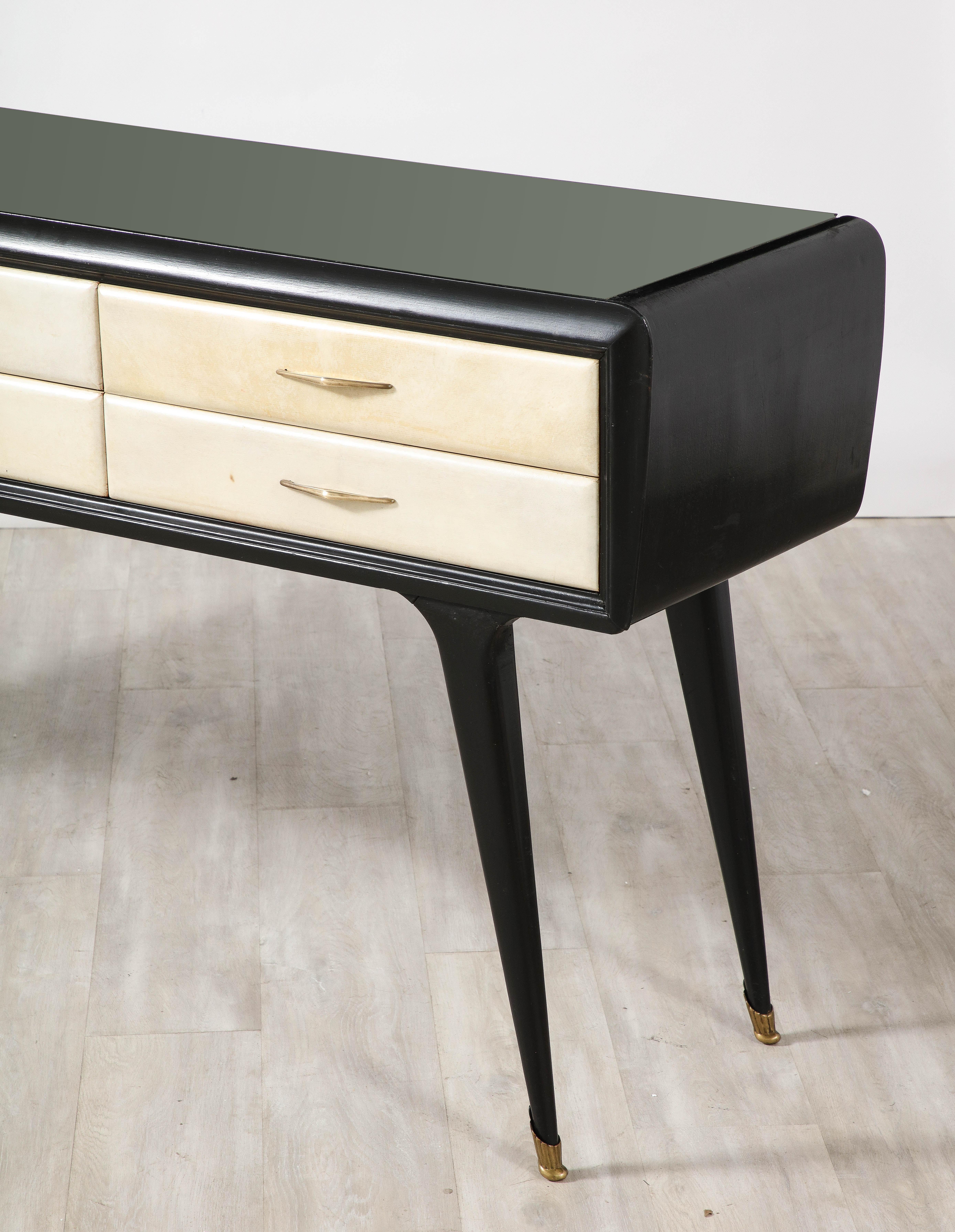 Brass Italian Art Deco Ebonized and Vellum Sideboard with Inset Glass Top, circa 1940 For Sale