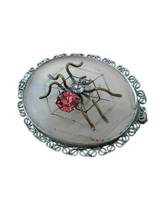 Italian Art Deco Filigree Spider Brooch with Etched Camphor Glass and Pink Stone