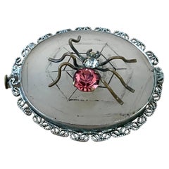 Italian Art Deco Filigree Spider Brooch with Etched Camphor Glass and Pink Stone