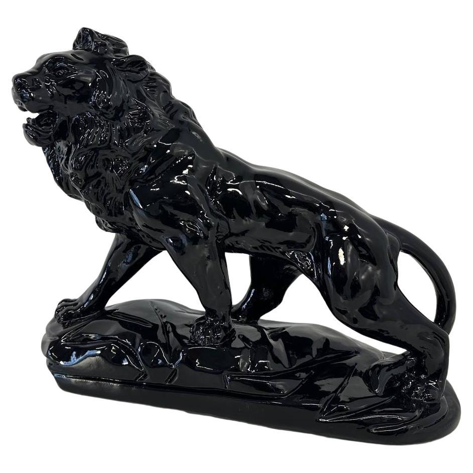 Italian Art Deco Fired Clay Black Polished Lion, 1930s For Sale