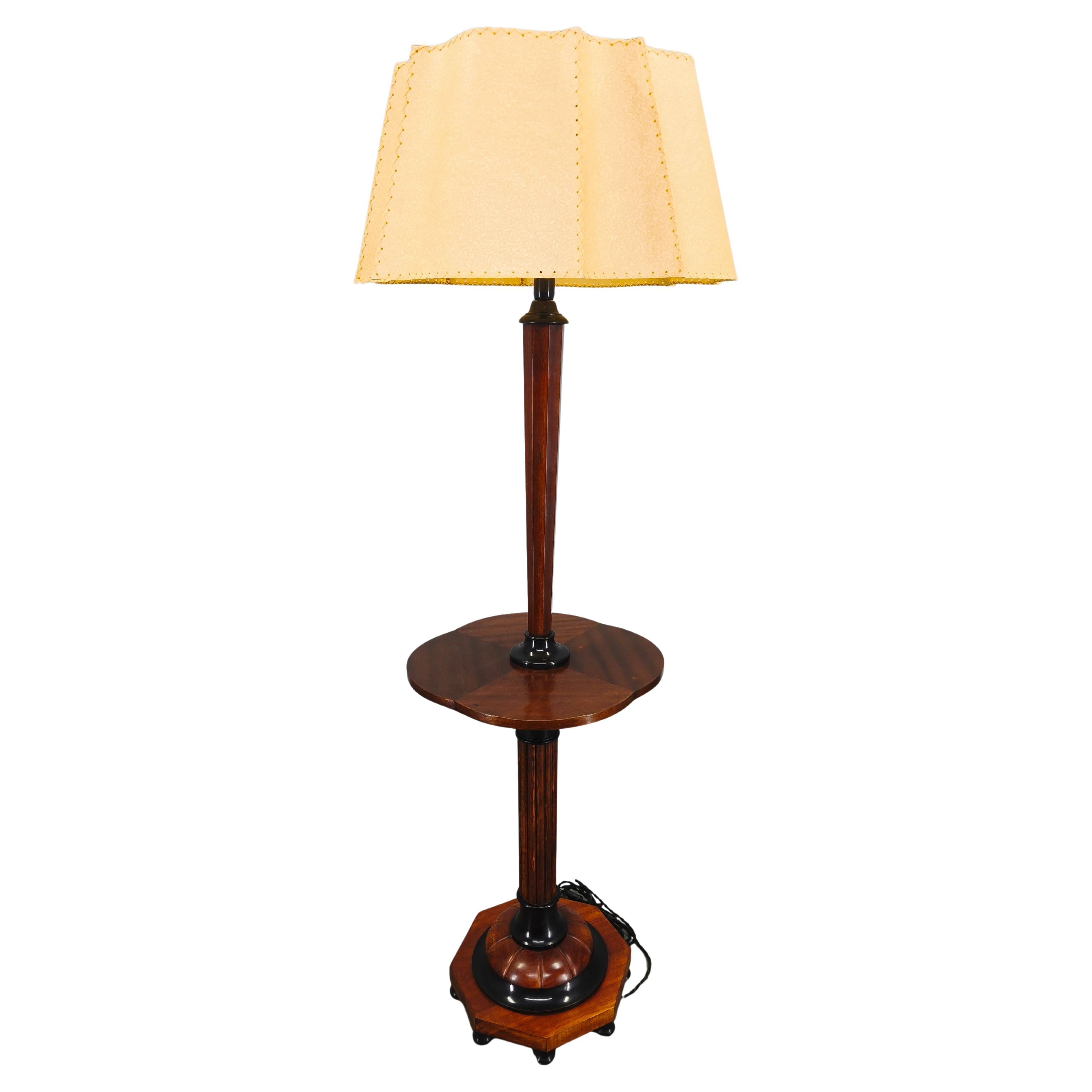 Italian Art Deco Floor Lamp with Side Table, Wood and Metal, 1940s