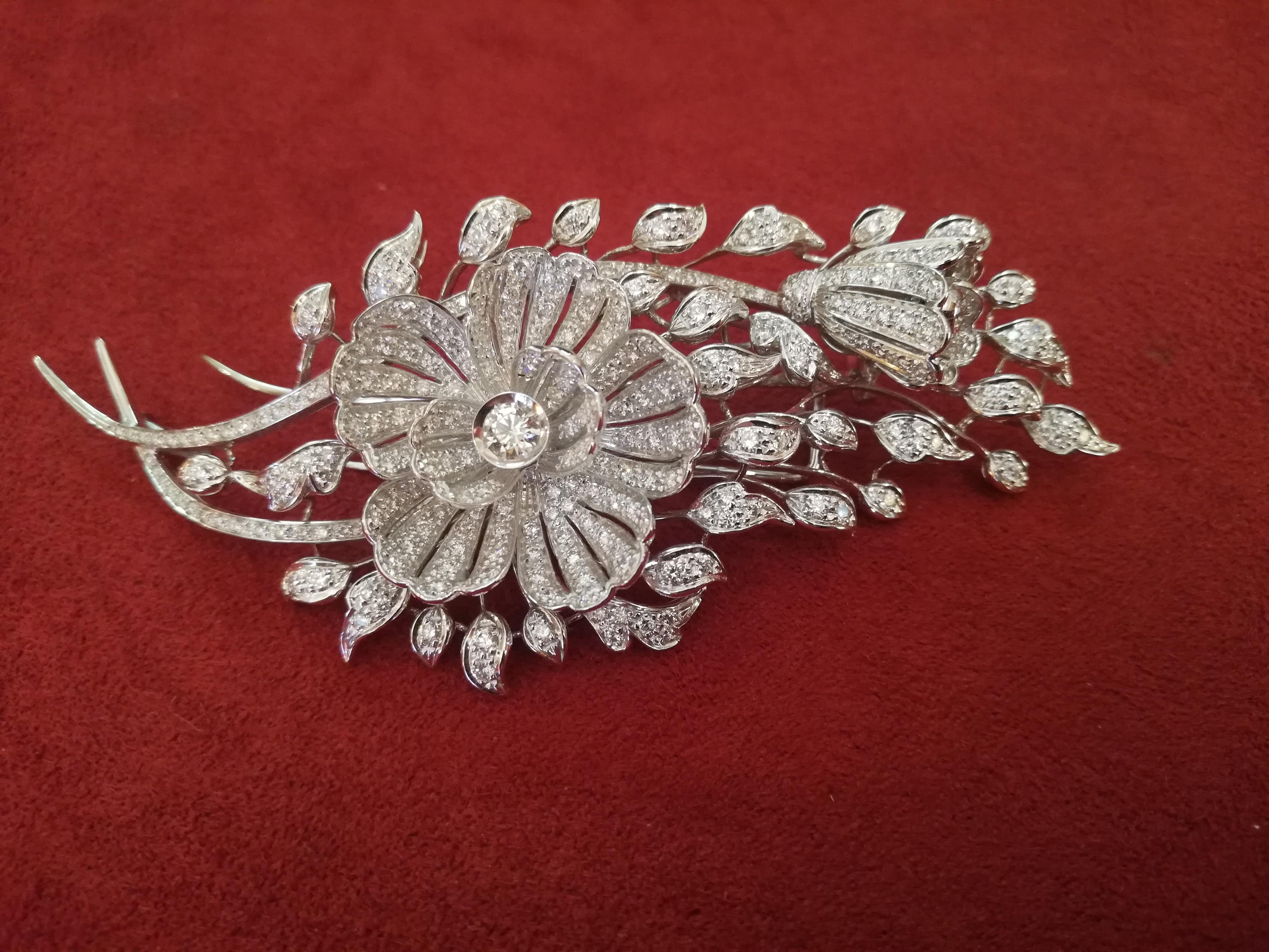 Italian Art Deco Flower Diamond White Gold Brooch For Sale 7