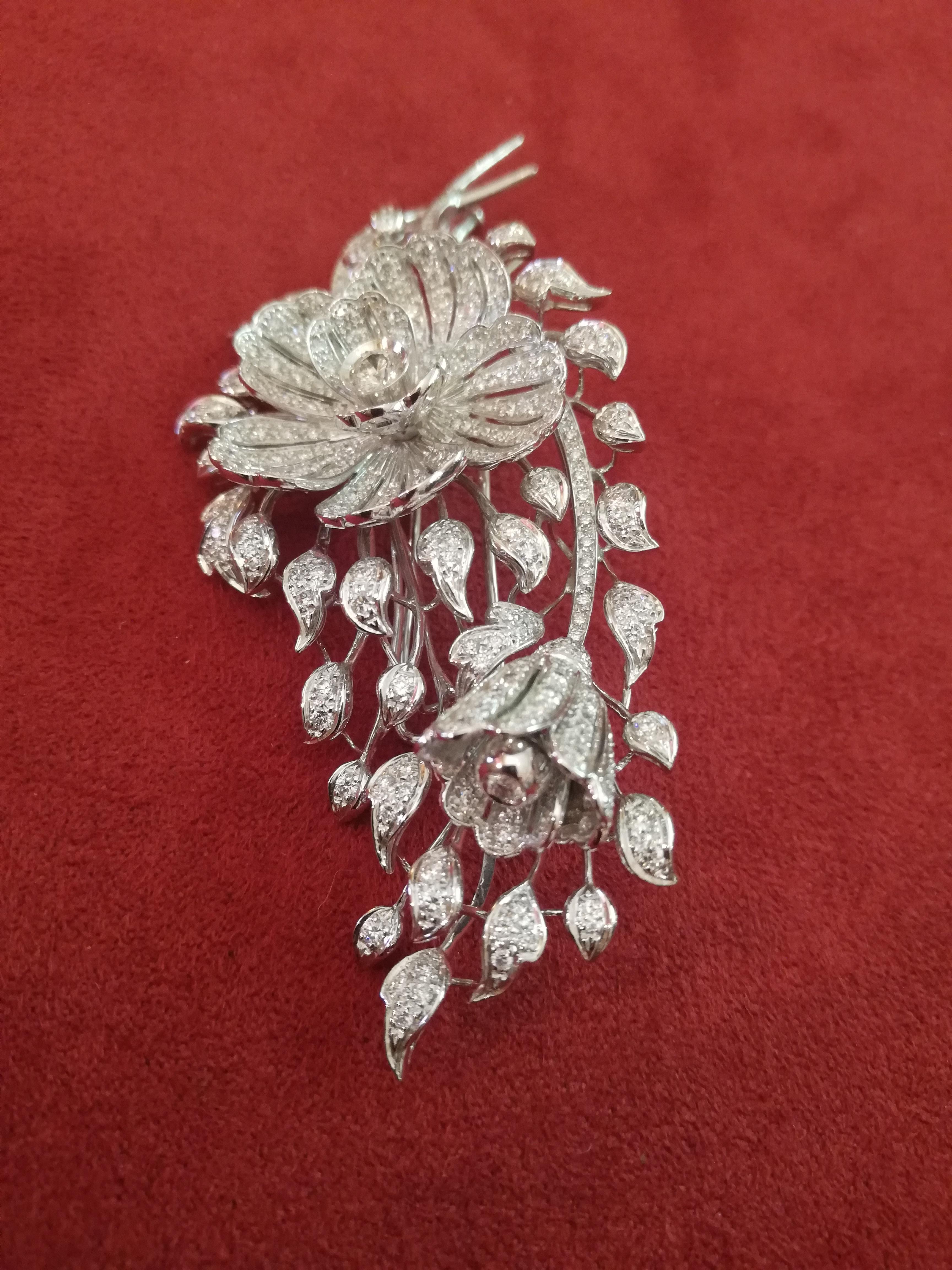 Women's Italian Art Deco Flower Diamond White Gold Brooch For Sale
