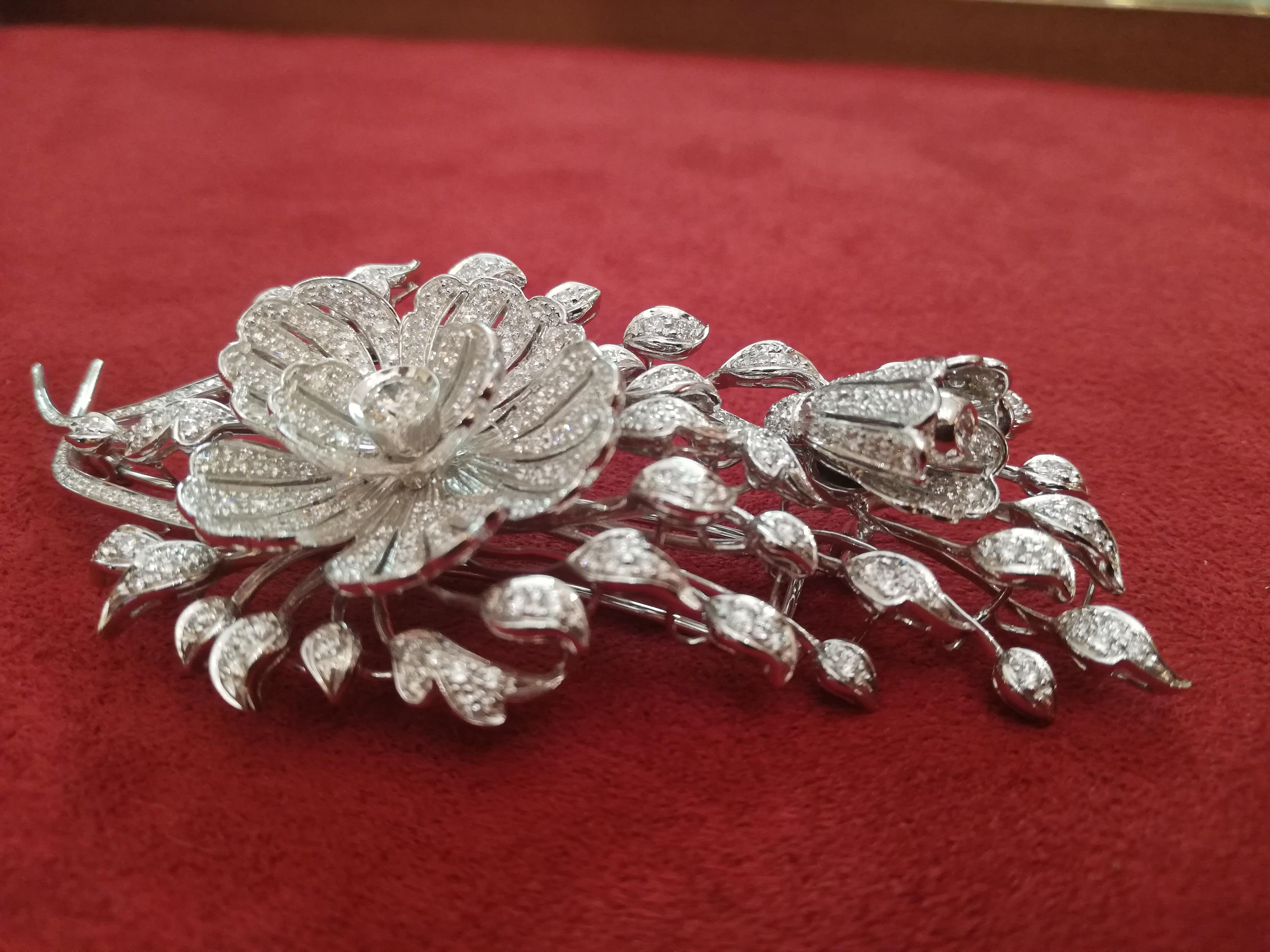 Italian Art Deco Flower Diamond White Gold Brooch For Sale 2