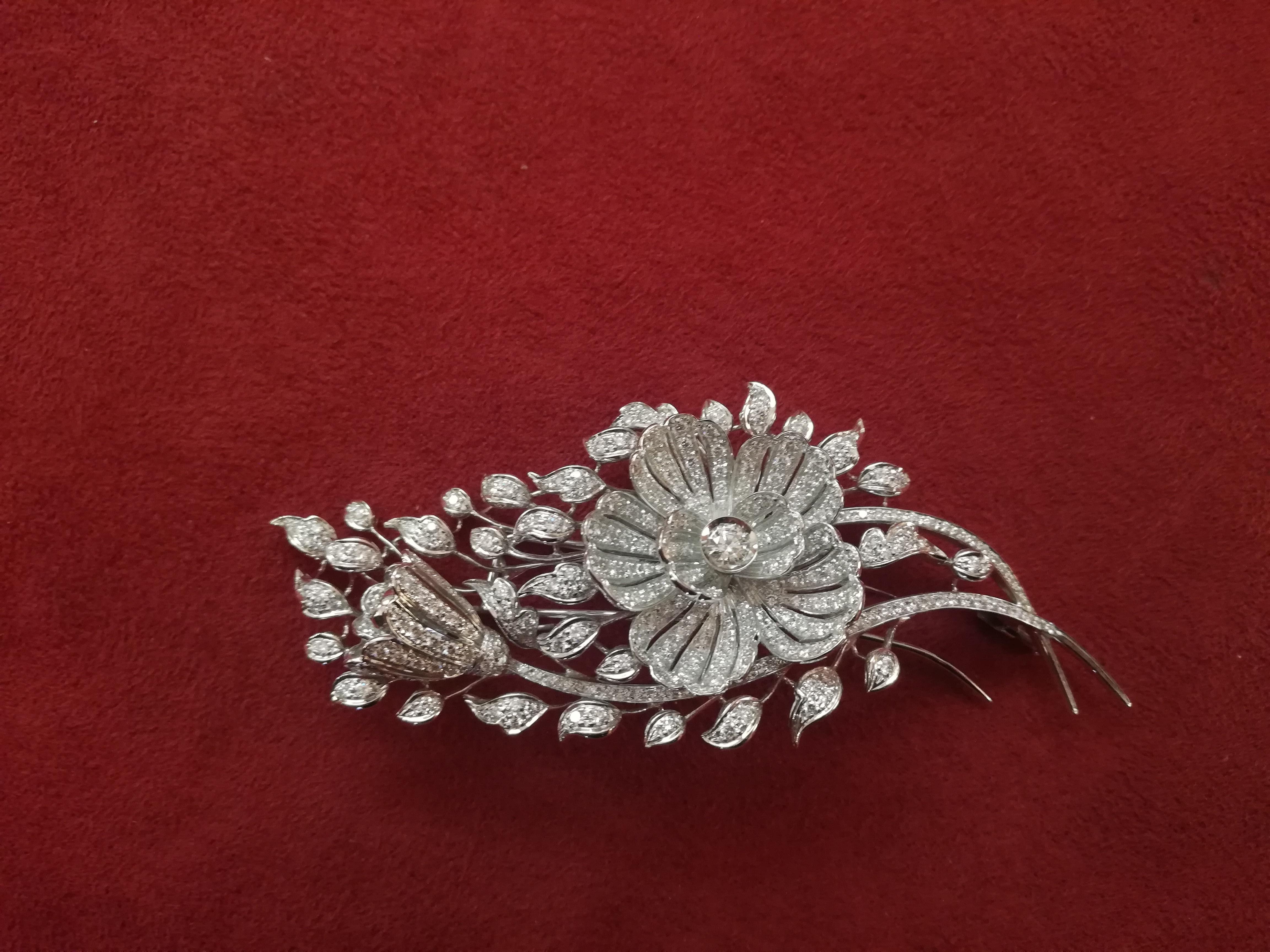 Italian Art Deco Flower Diamond White Gold Brooch For Sale 6