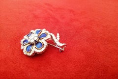 Italian  Flower Shaped Diamond Blue Enamel 60' Brooch
