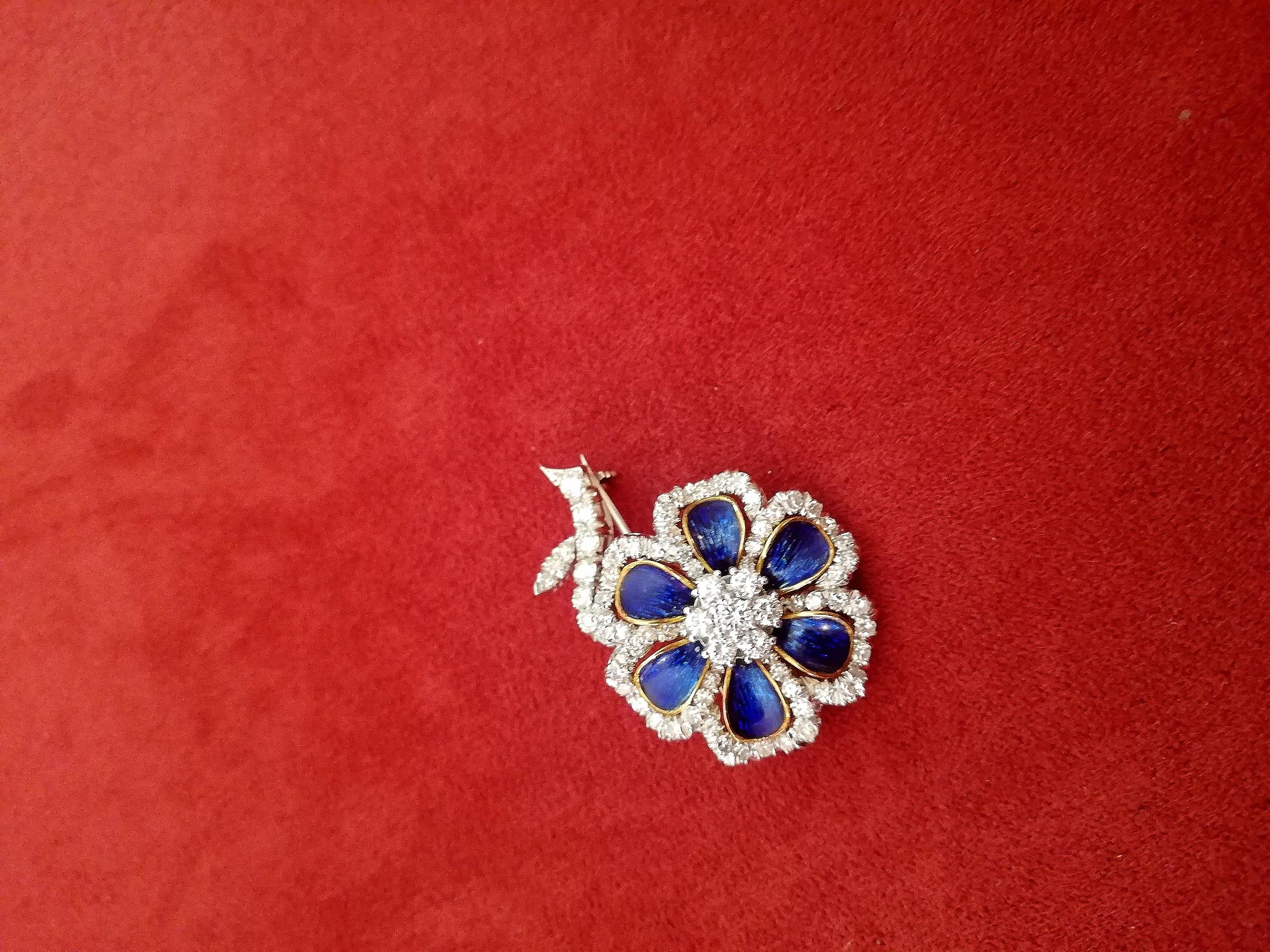 Art Deco Italian  Flower Shaped Diamond Blue Enamel 60' Brooch For Sale