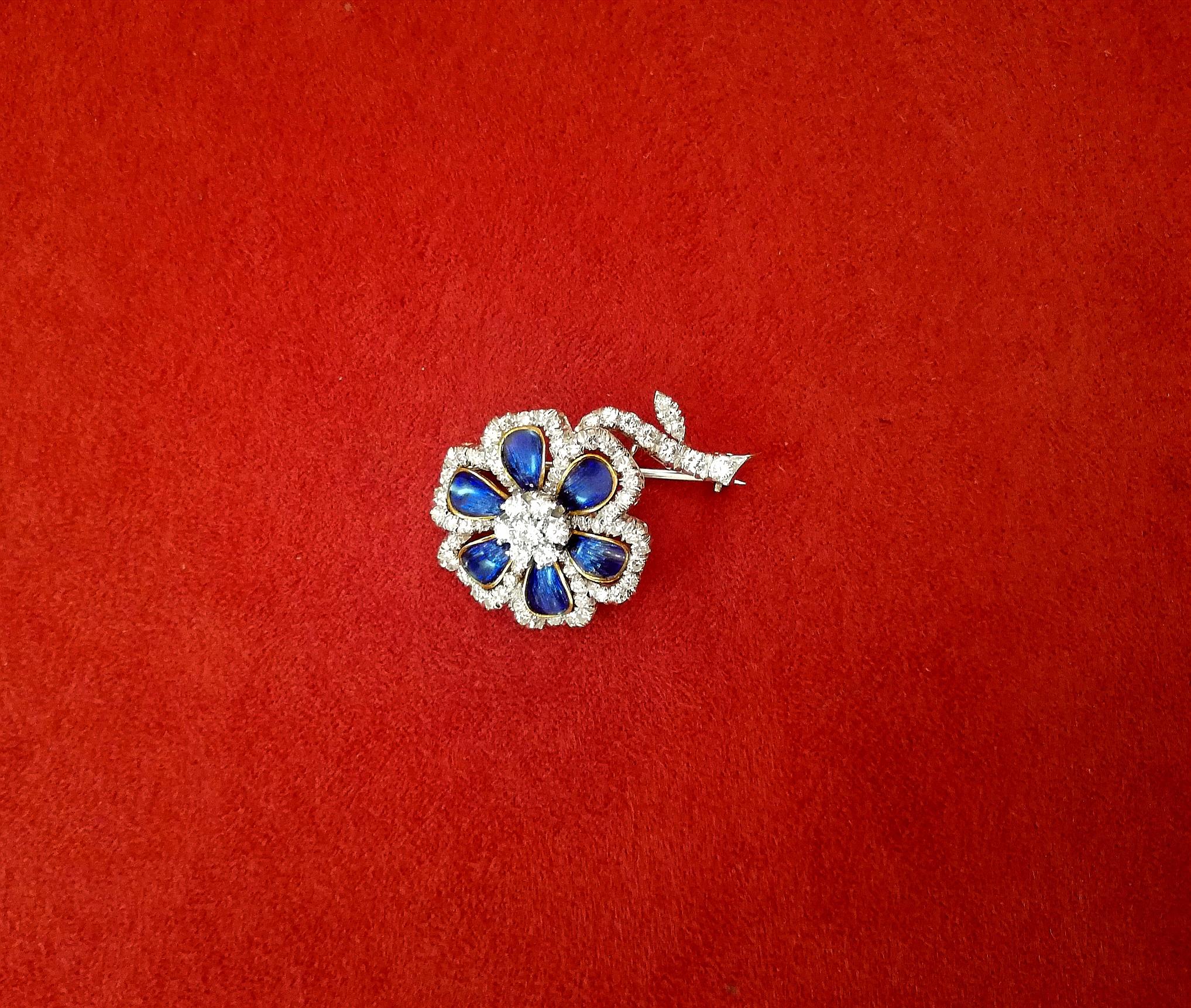 Women's Italian  Flower Shaped Diamond Blue Enamel 60' Brooch For Sale