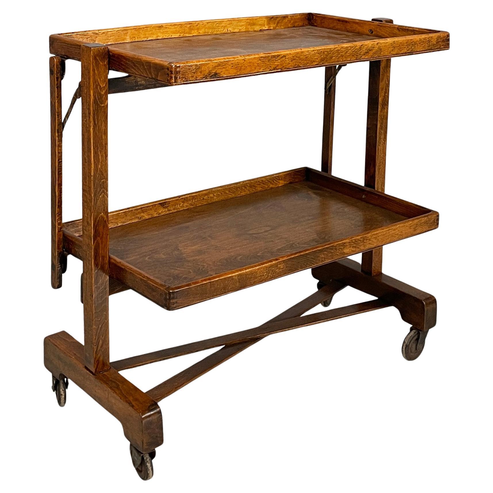Carrello pieghevole art déco italiano con 2 ripiani in legno, anni '30