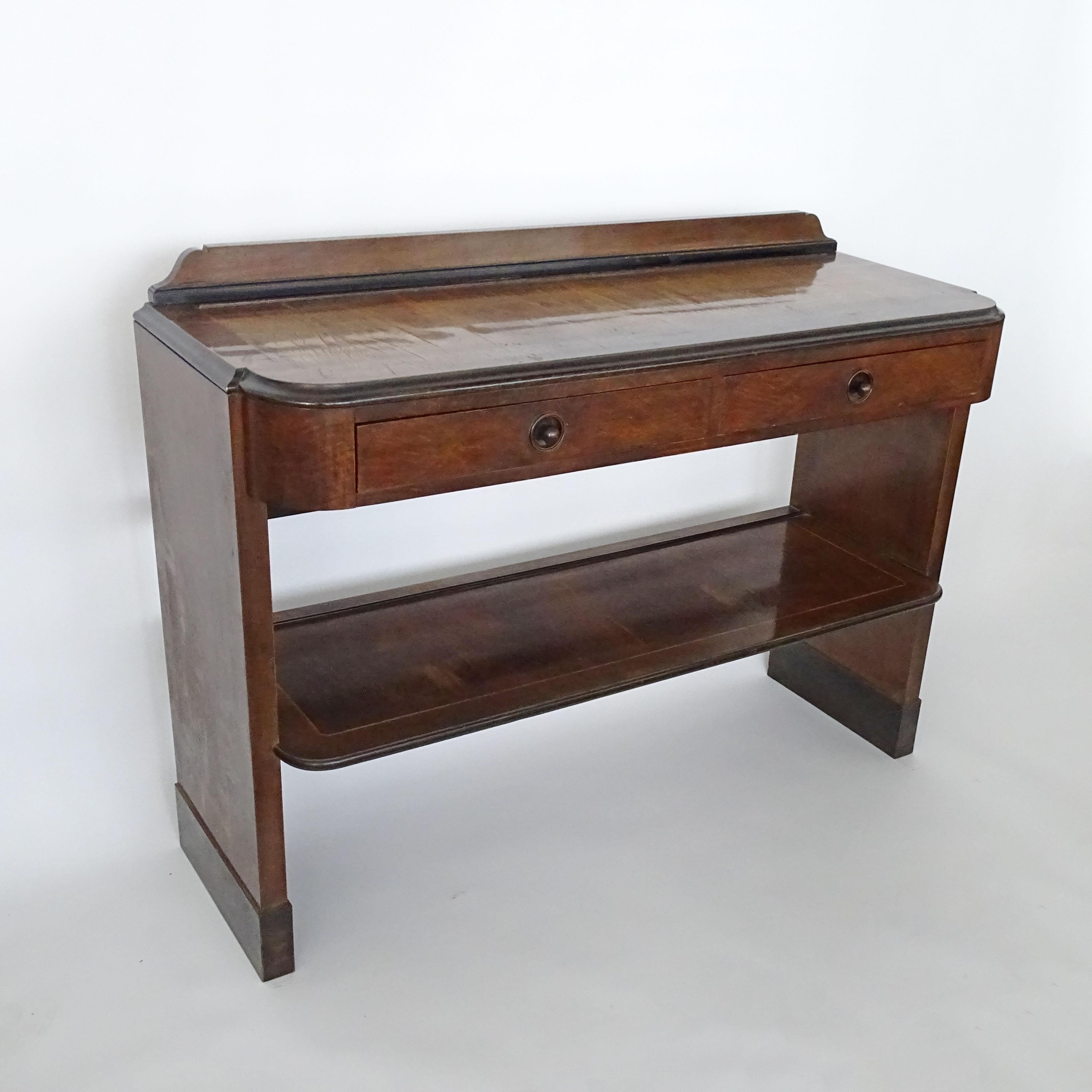 Italian Art Deco freestanding console with two drawers and lower shelf. For Sale 7