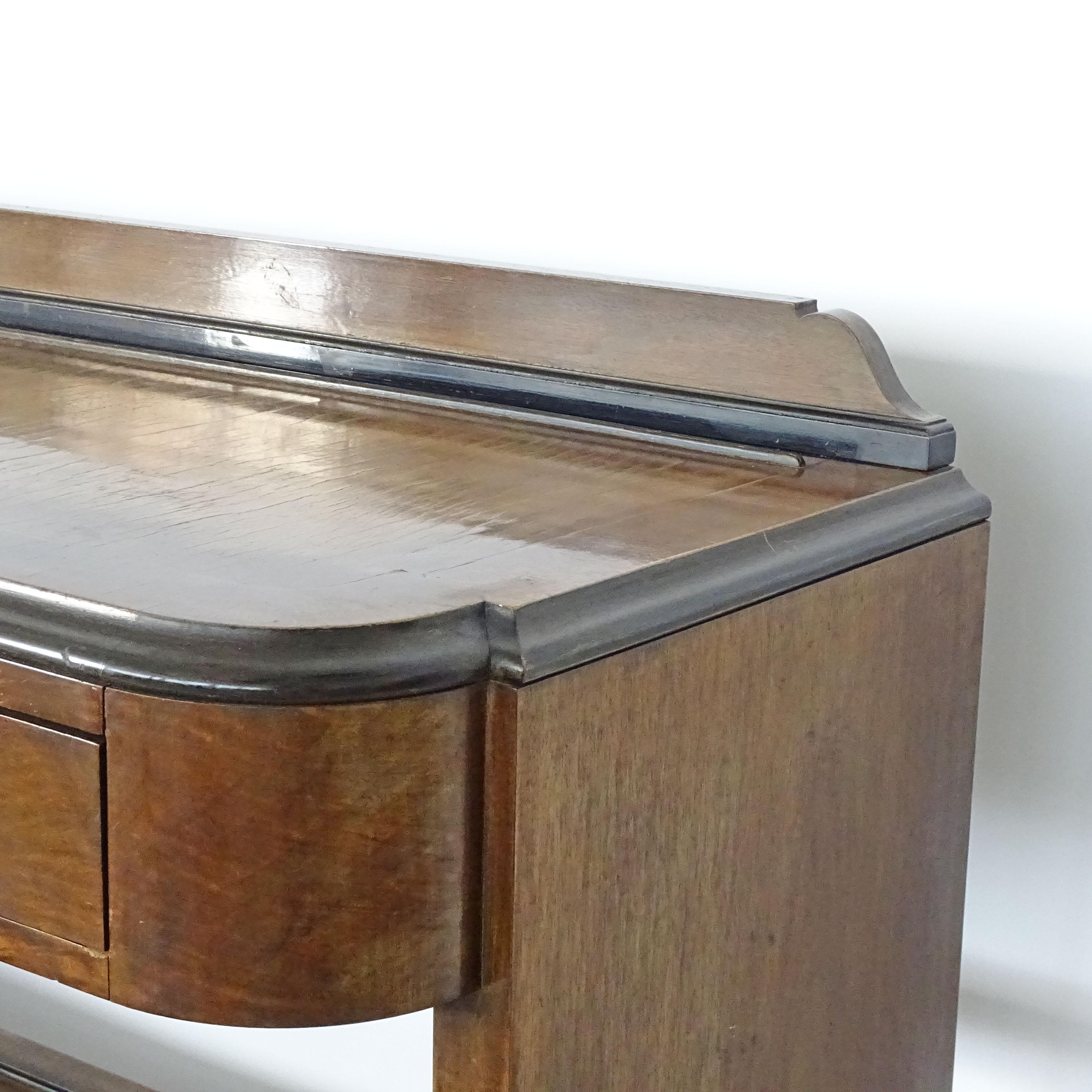 Wood Italian Art Deco freestanding console with two drawers and lower shelf. For Sale