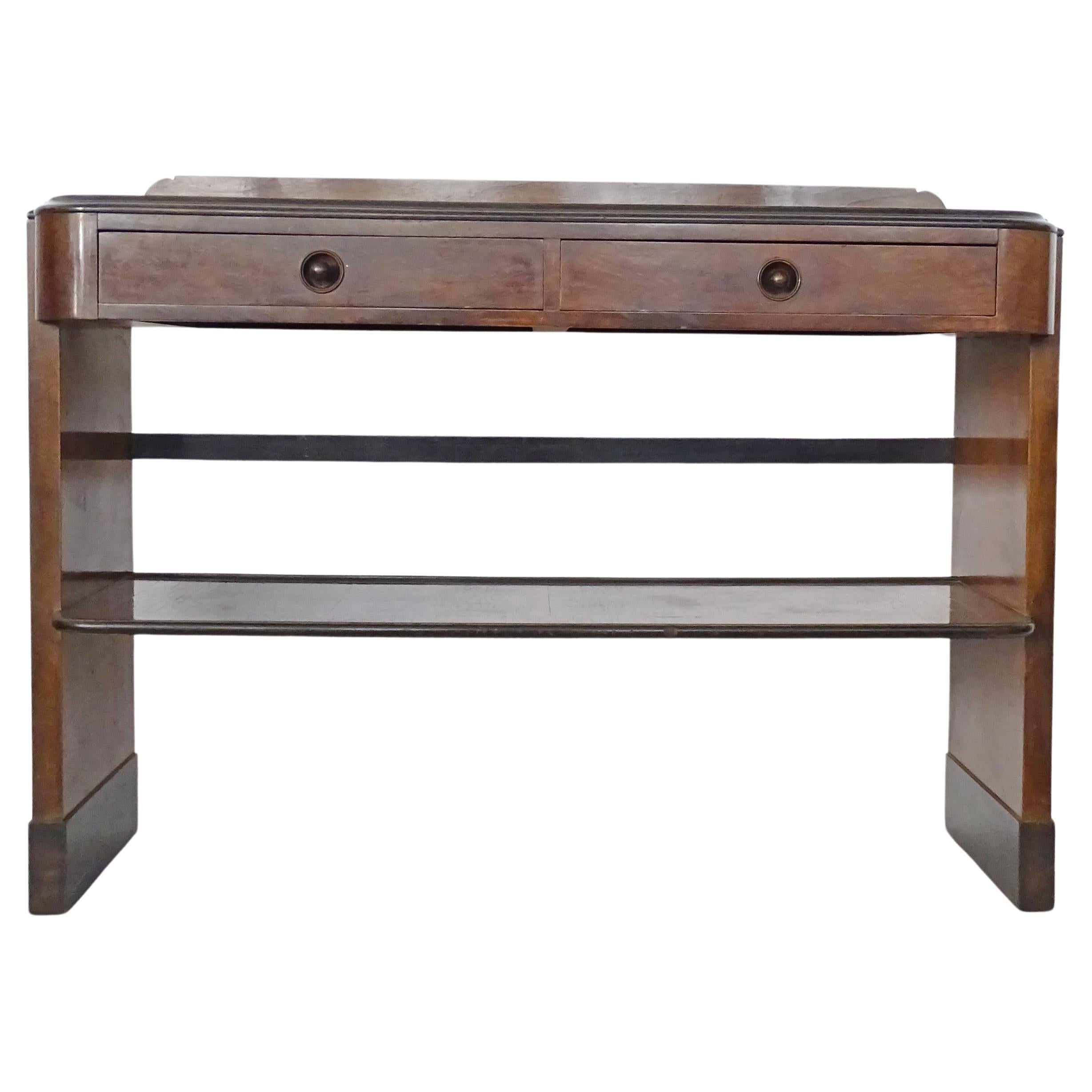 Italian Art Deco freestanding console with two drawers and lower shelf.