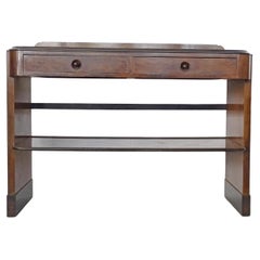 Italian Art Deco freestanding console with two drawers and lower shelf.