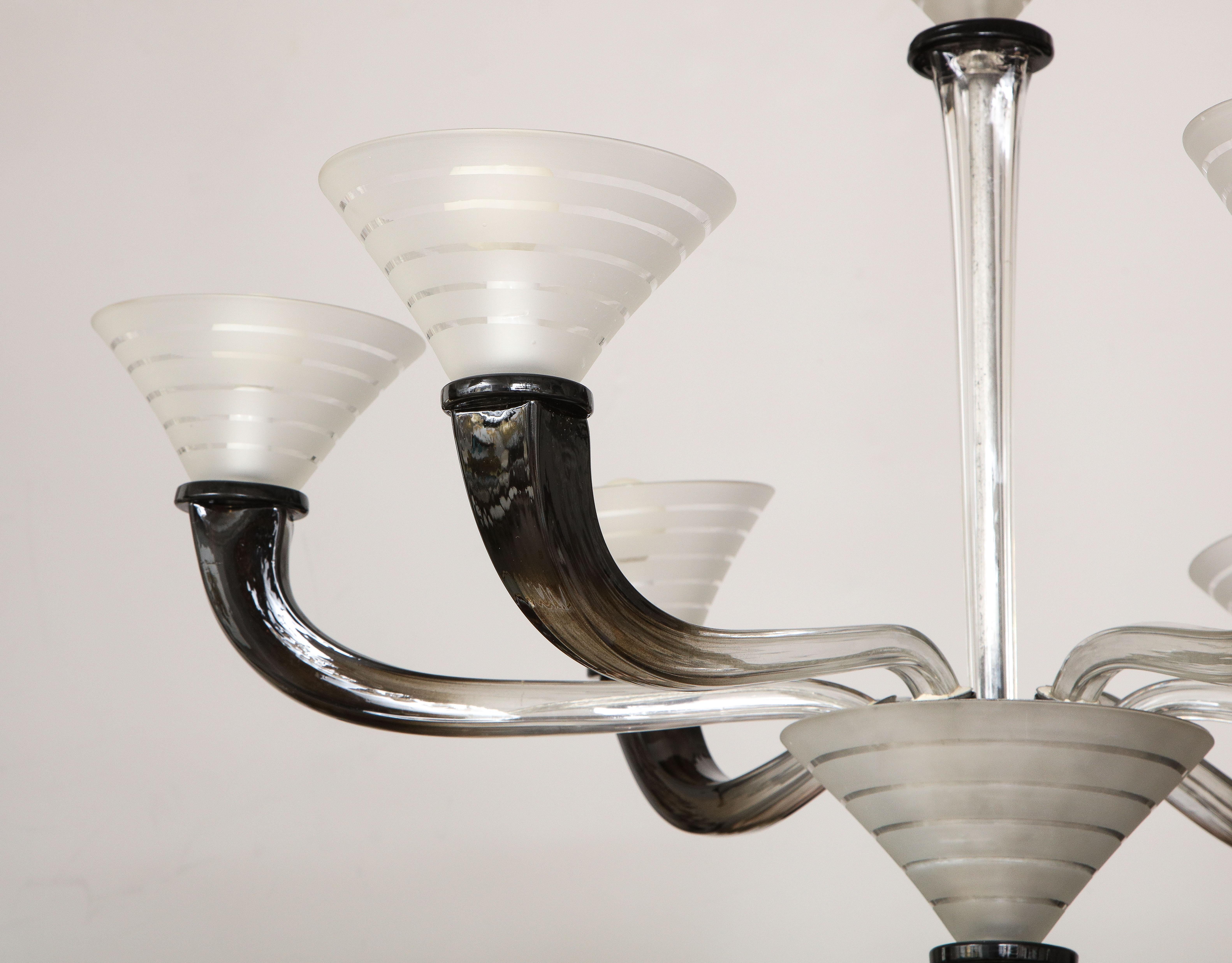 Italian Art Deco Frosted Glass Six Arm Chandelier, circa 1940's For Sale 6