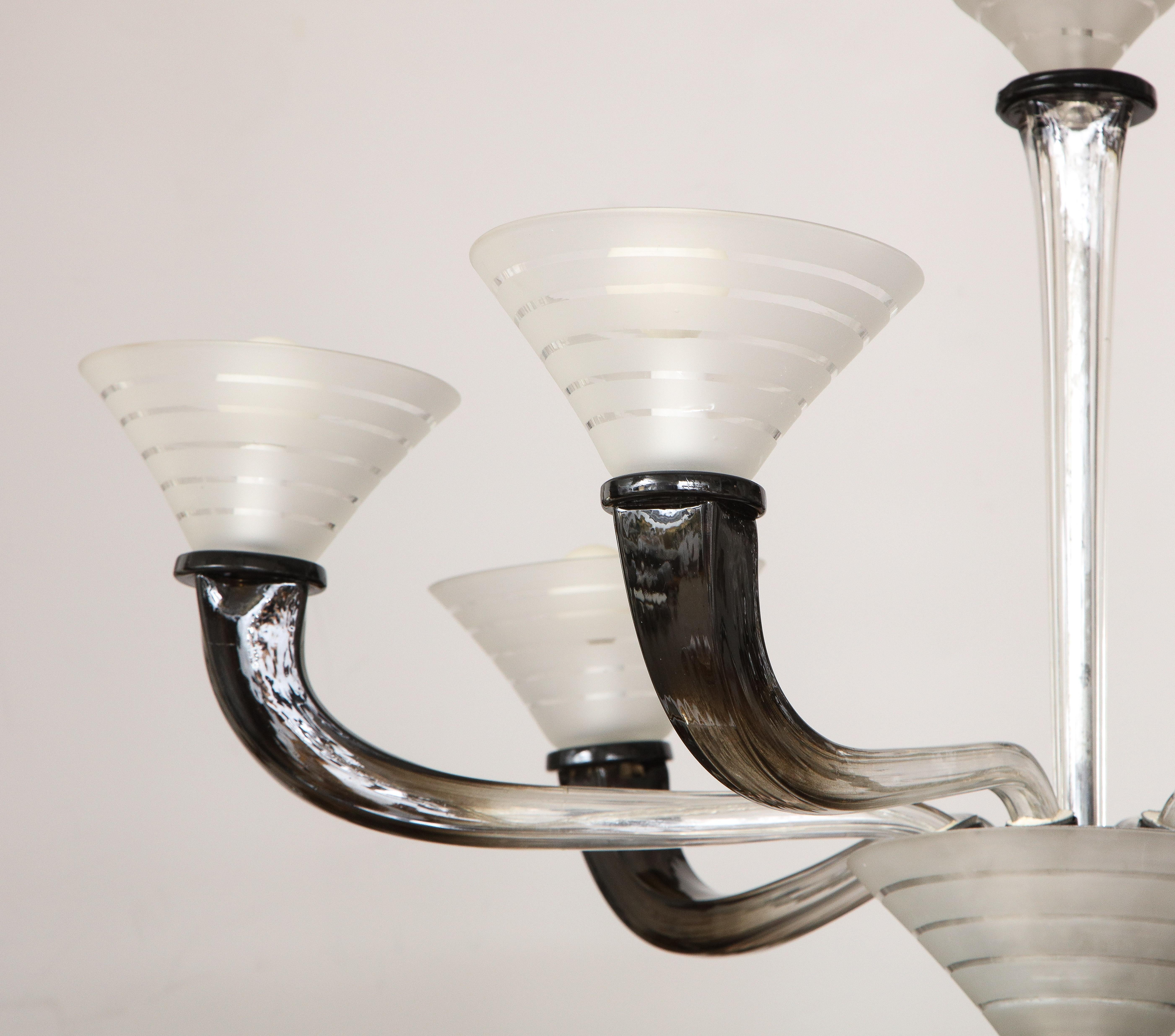 Italian Art Deco Frosted Glass Six Arm Chandelier, circa 1940's For Sale 9