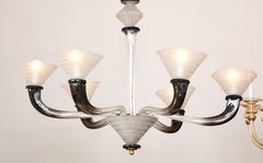 Italian Art Deco Frosted Glass Six Arm Chandelier, circa 1940's