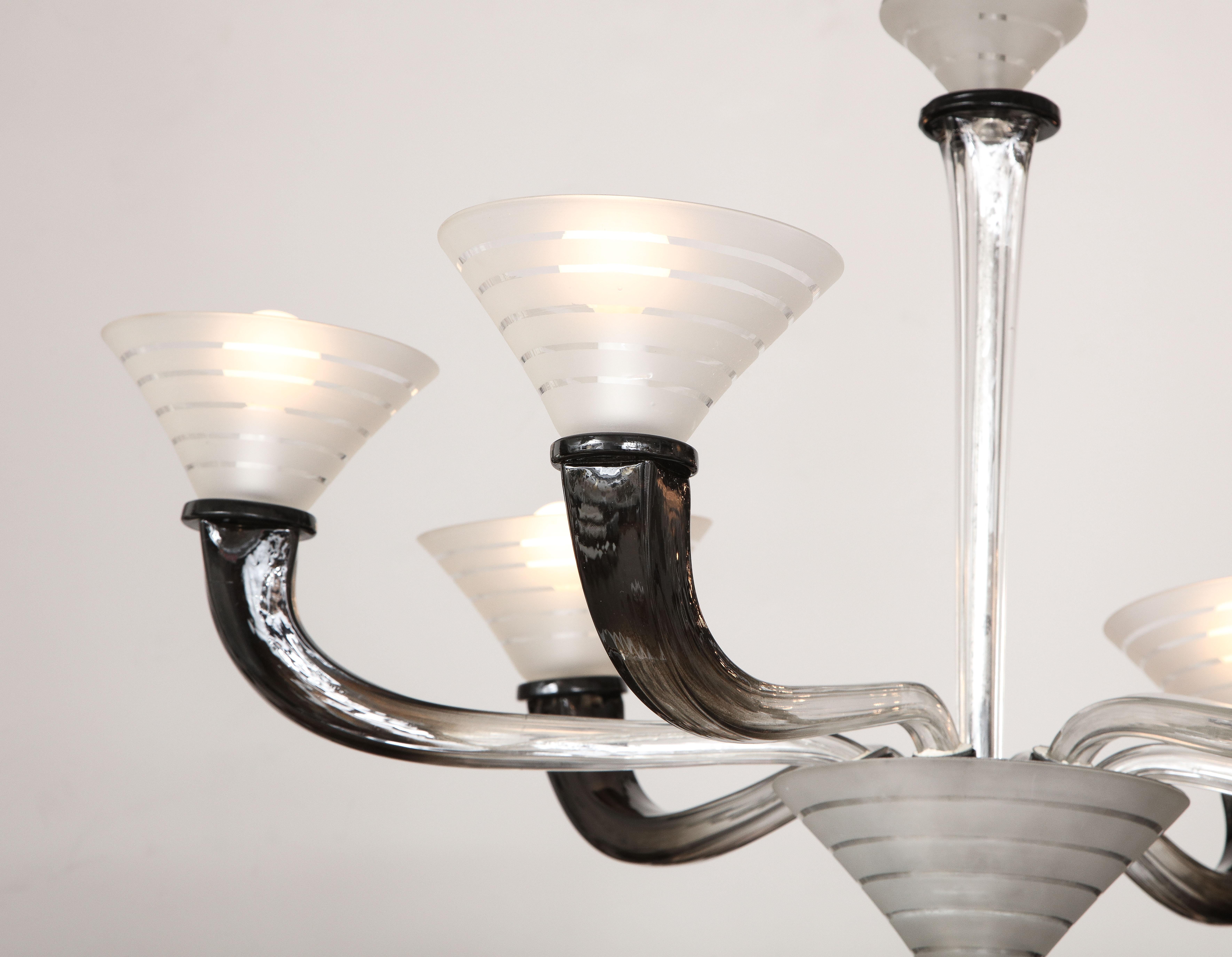 Italian Art Deco Frosted Glass Six Arm Chandelier, circa 1940's In Good Condition For Sale In New York, NY