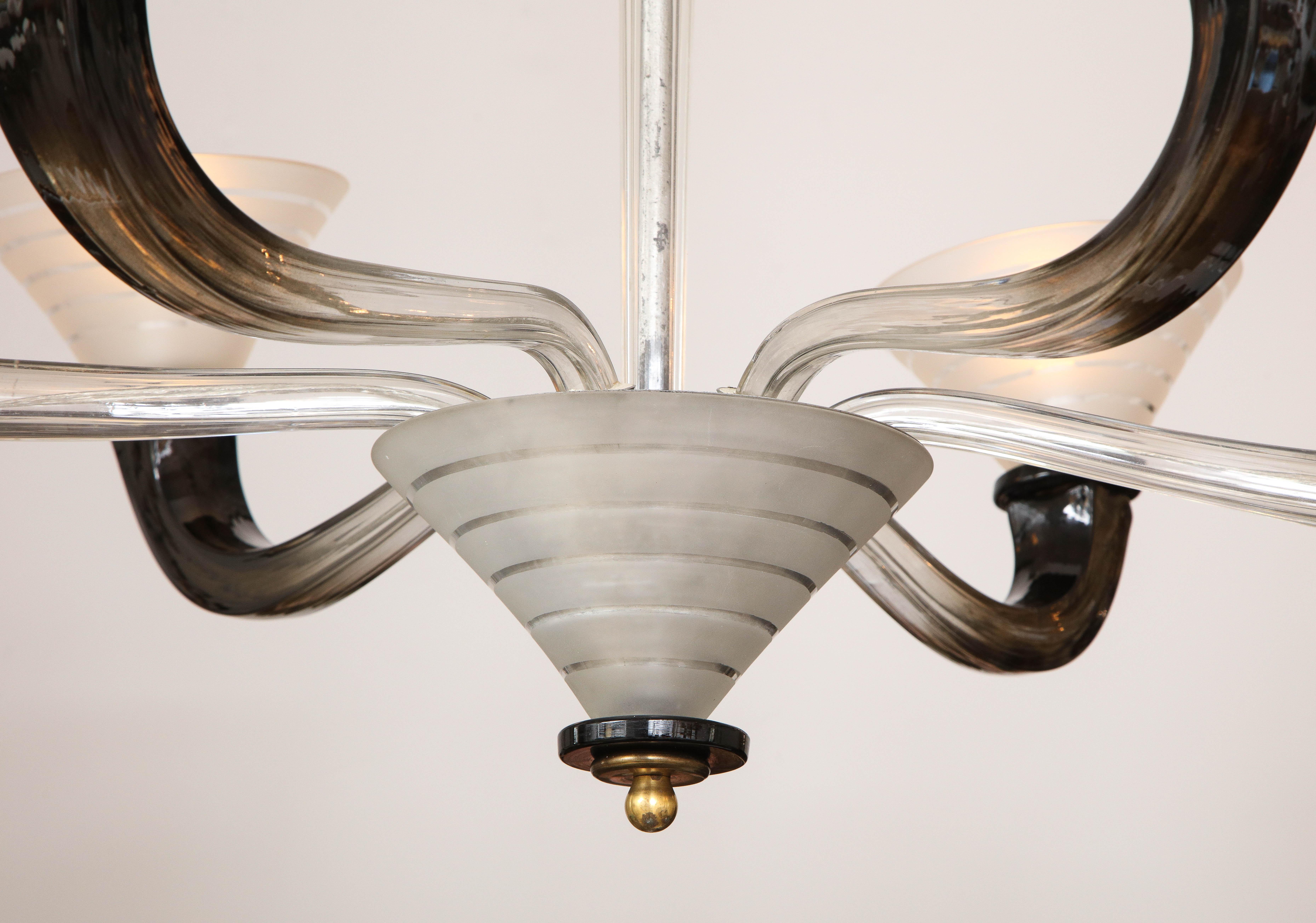 Mid-20th Century Italian Art Deco Frosted Glass Six Arm Chandelier, circa 1940's For Sale
