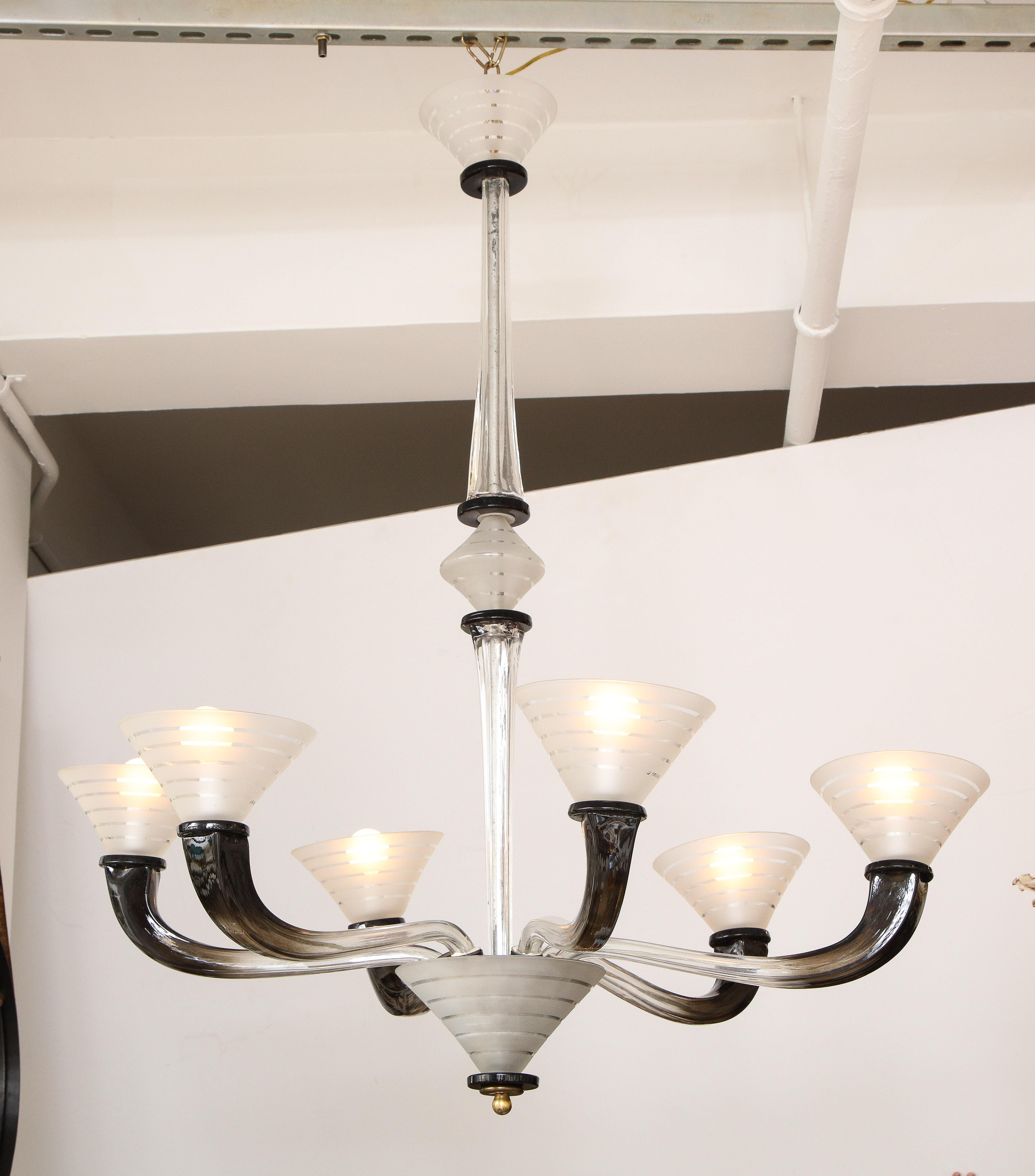 Italian Art Deco Frosted Glass Six Arm Chandelier, circa 1940's For Sale 2
